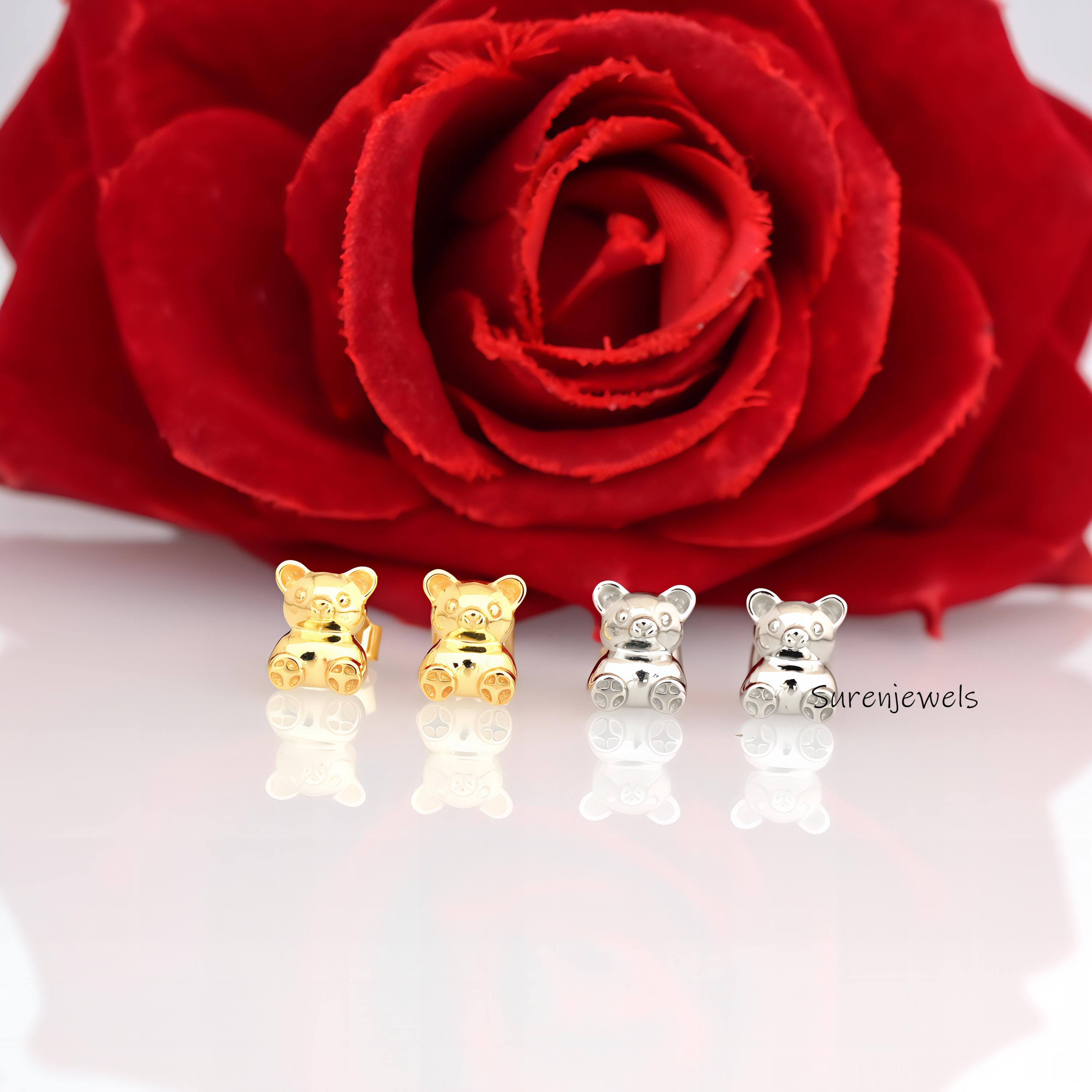 14K Gold Teddy Bear Stud Earrings: Tiny Flat Design - View 3 - Suren Jewels | SKU: SJE1715-SLYG-10M