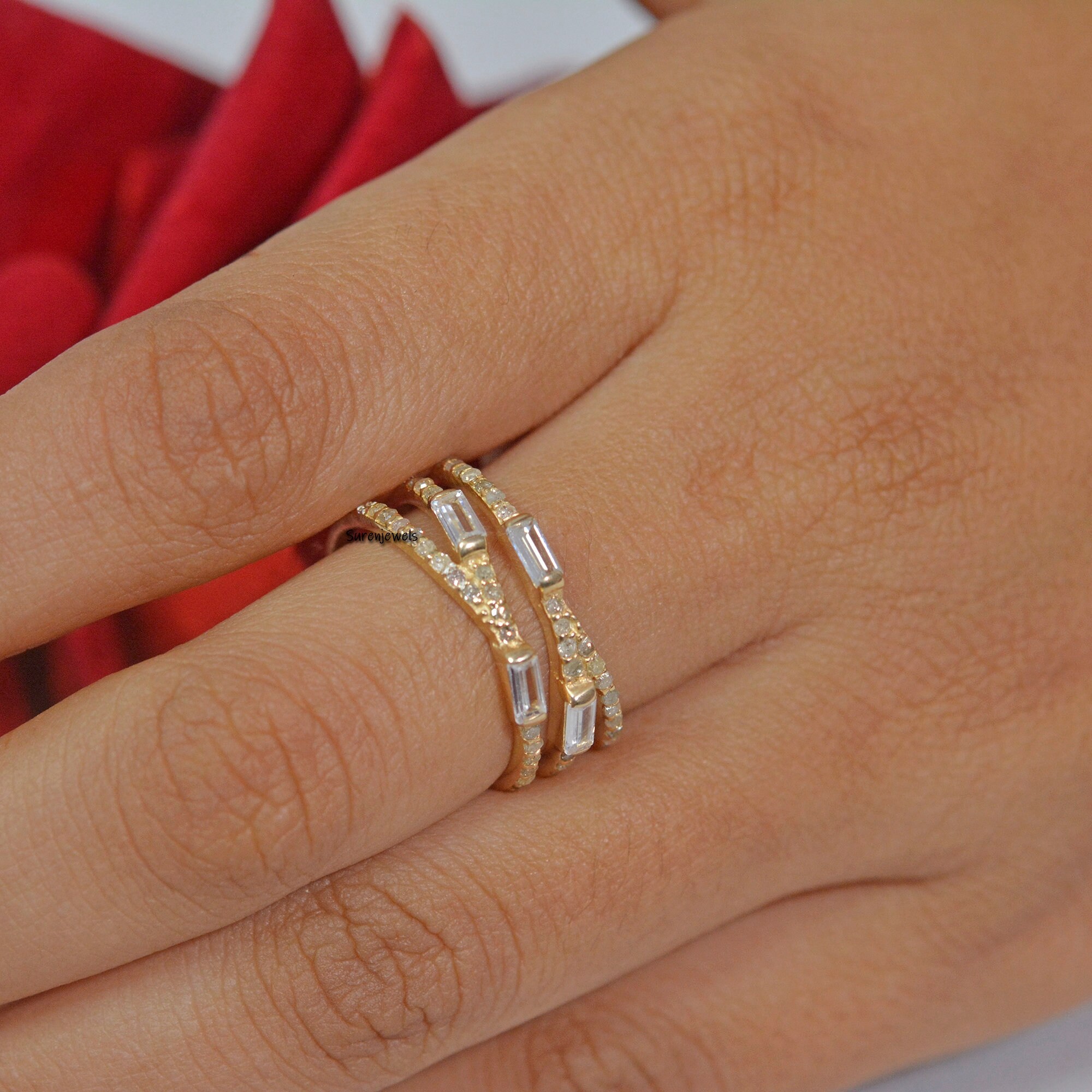 14K Gold Diamond Crossover Ring: Multi Row Band - View 7 - Suren Jewels | SKU: SJR14-14KYGDSIGBTT-14K