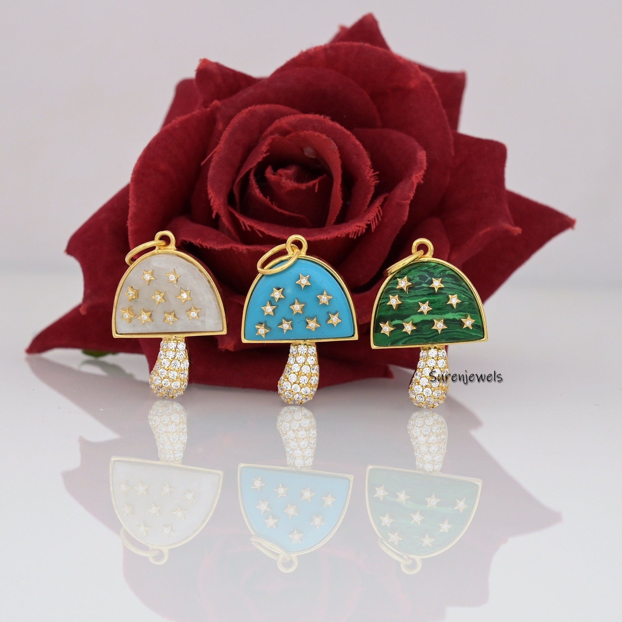 14k Solid Gold Mushroom Pendant: Pave Gemstone Magic Jewelry - View 4 - Suren Jewels | SKU: MJM68-