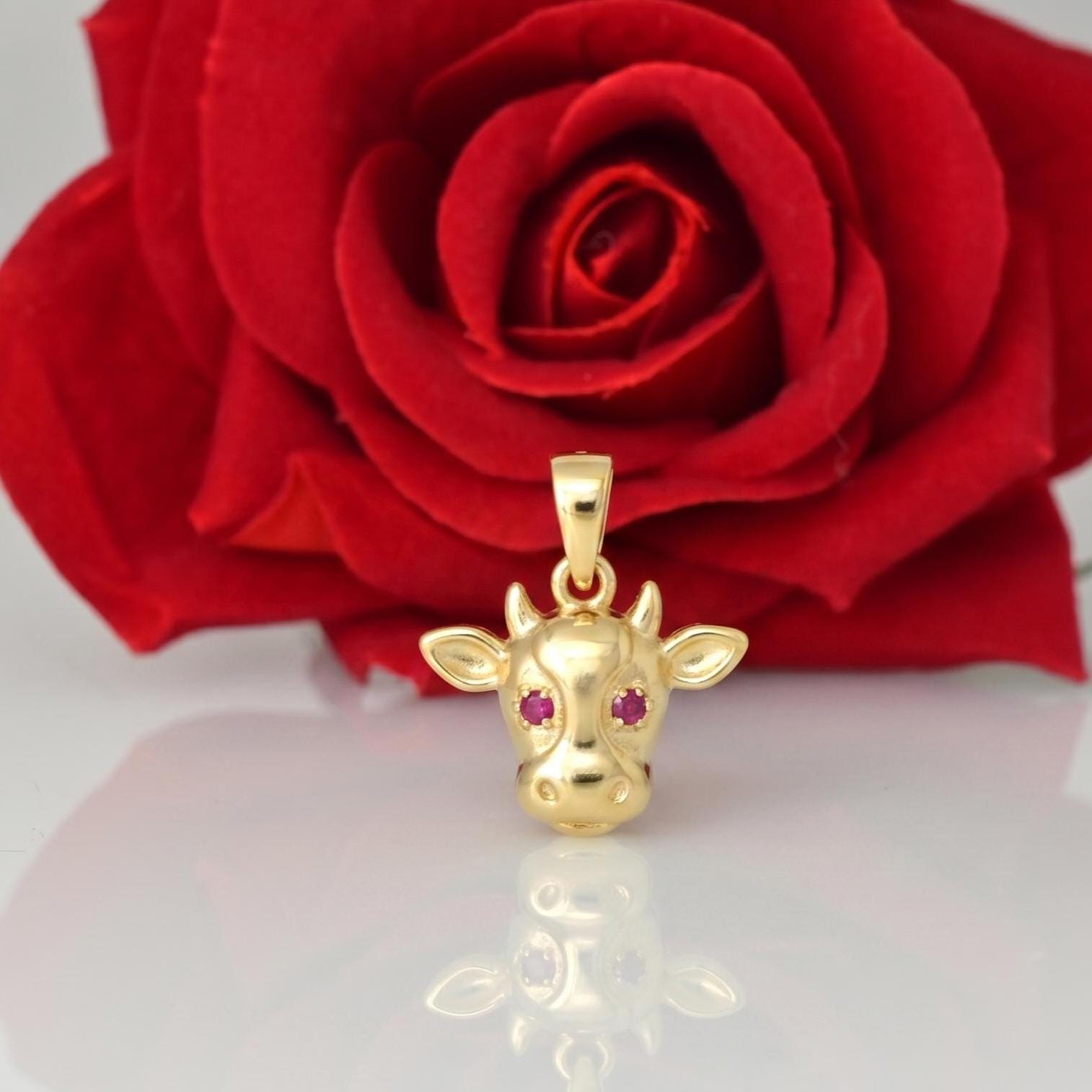 Gold Cow Pendant, Ruby Eye Cow Necklace, Farm Animal Jewelry, Cute Cow Charm, Animal Lover Gift for Her - Suren Jewels | SKU: