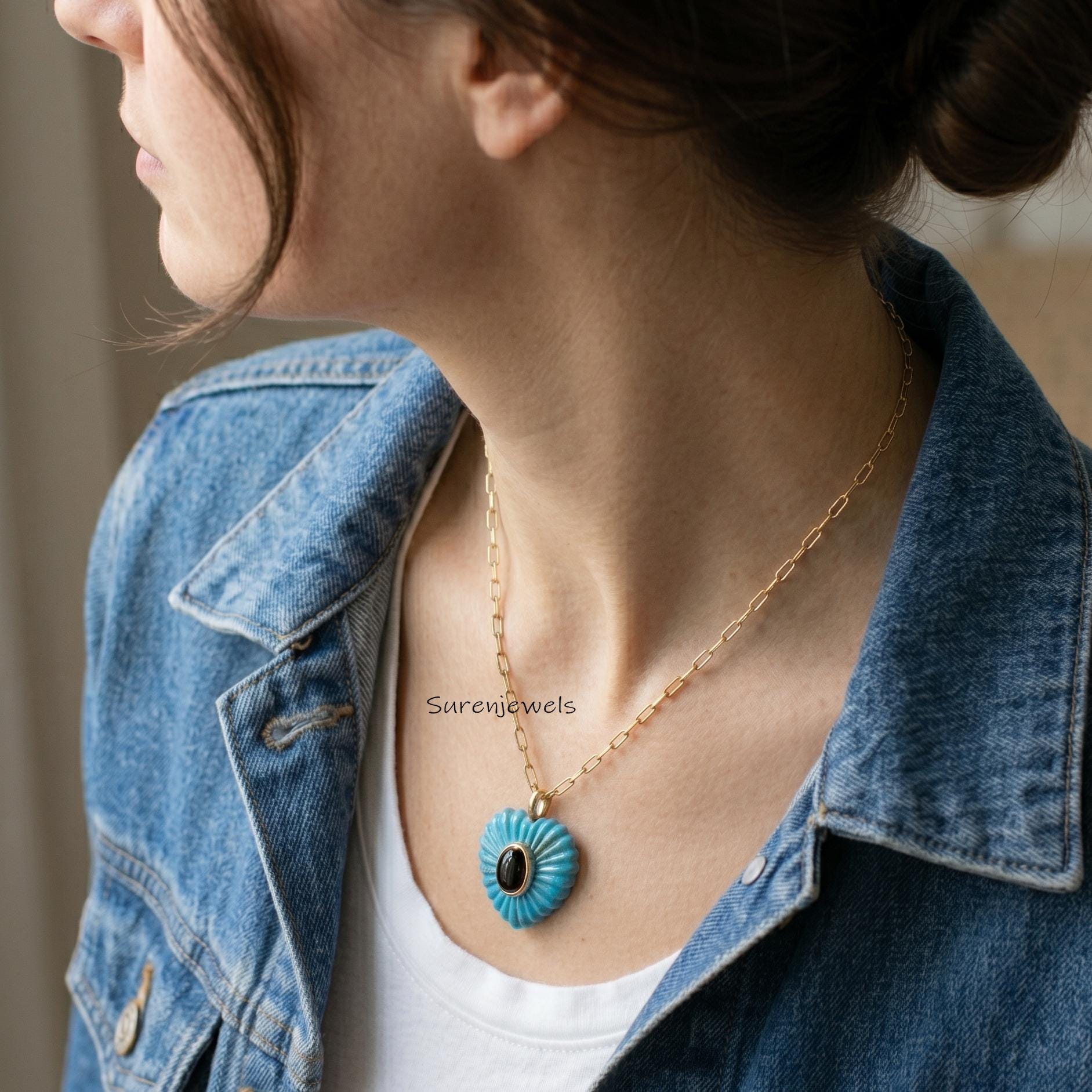 14K Gold Gemstone Fluted Heart Pendant: Designer Gemstone Heart Pendant, carved Gemstone Heart Pendant, Handmade Gemstone Hea