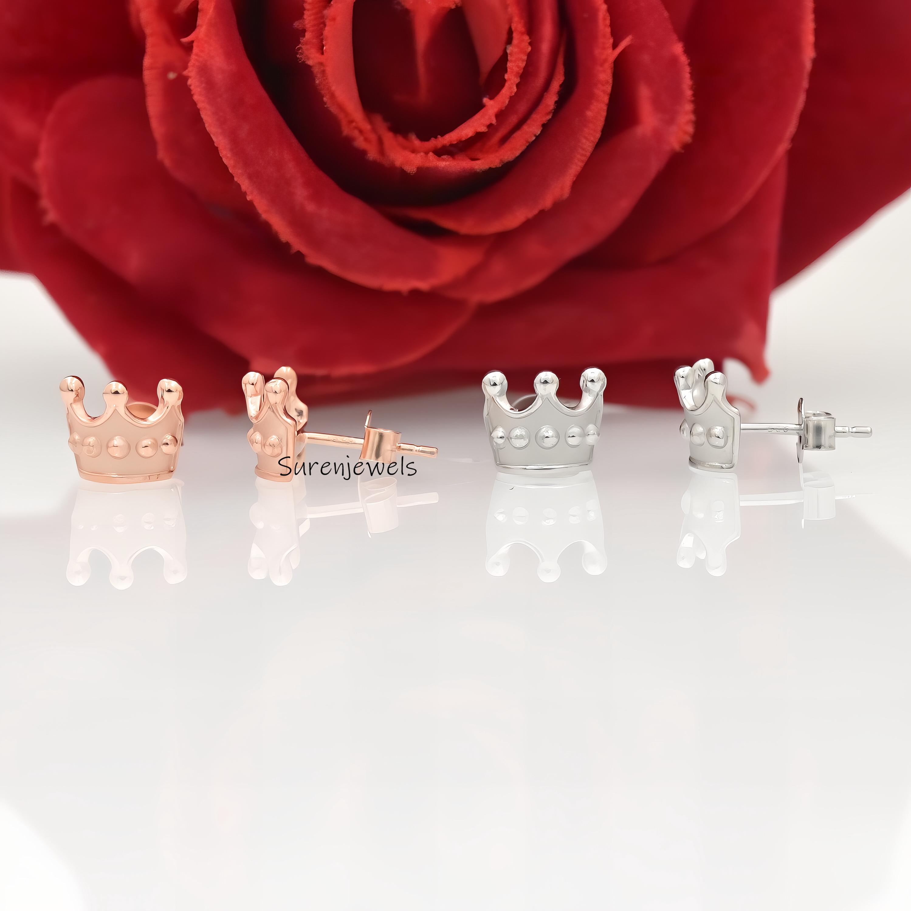 14k Gold Crown Stud Earrings: Princess Tiara Jewelry - View 3 - Suren Jewels | SKU: SJE1686-SLYG-10M