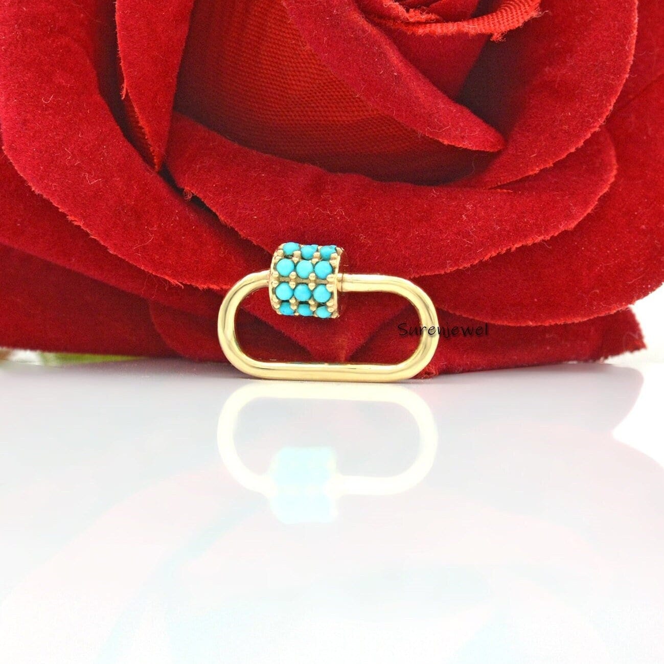 Handmade 925 Silver Carabiner Lock: Turquoise Gemstone Jewelry - View 2 - Suren Jewels | SKU: SJC09-14KYGTQ-20M
