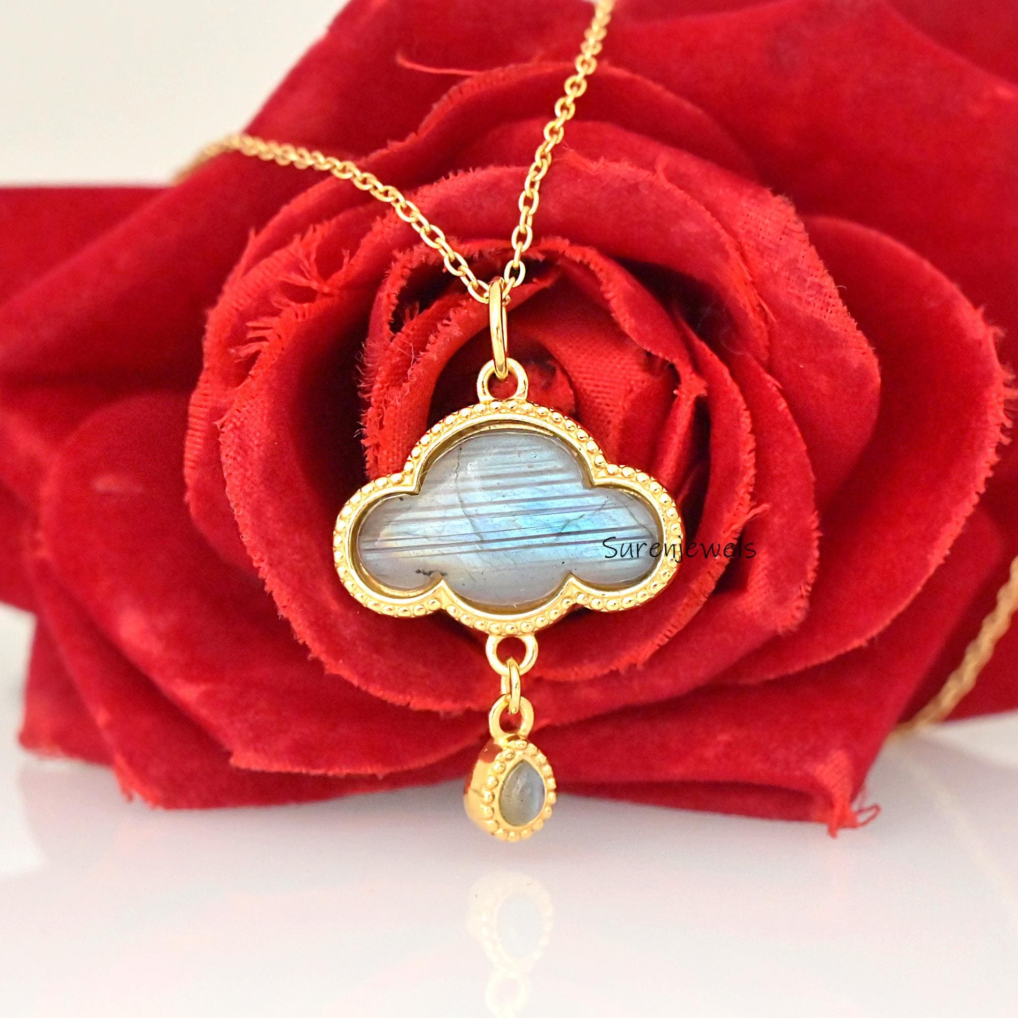 14K Gold Cloud Pendant: Star Moon Gemstone Necklace - View 5 - Suren Jewels | SKU: SJP5346-SLYGMSCZ-30M,SJP5023,SJP,SJP4740-S