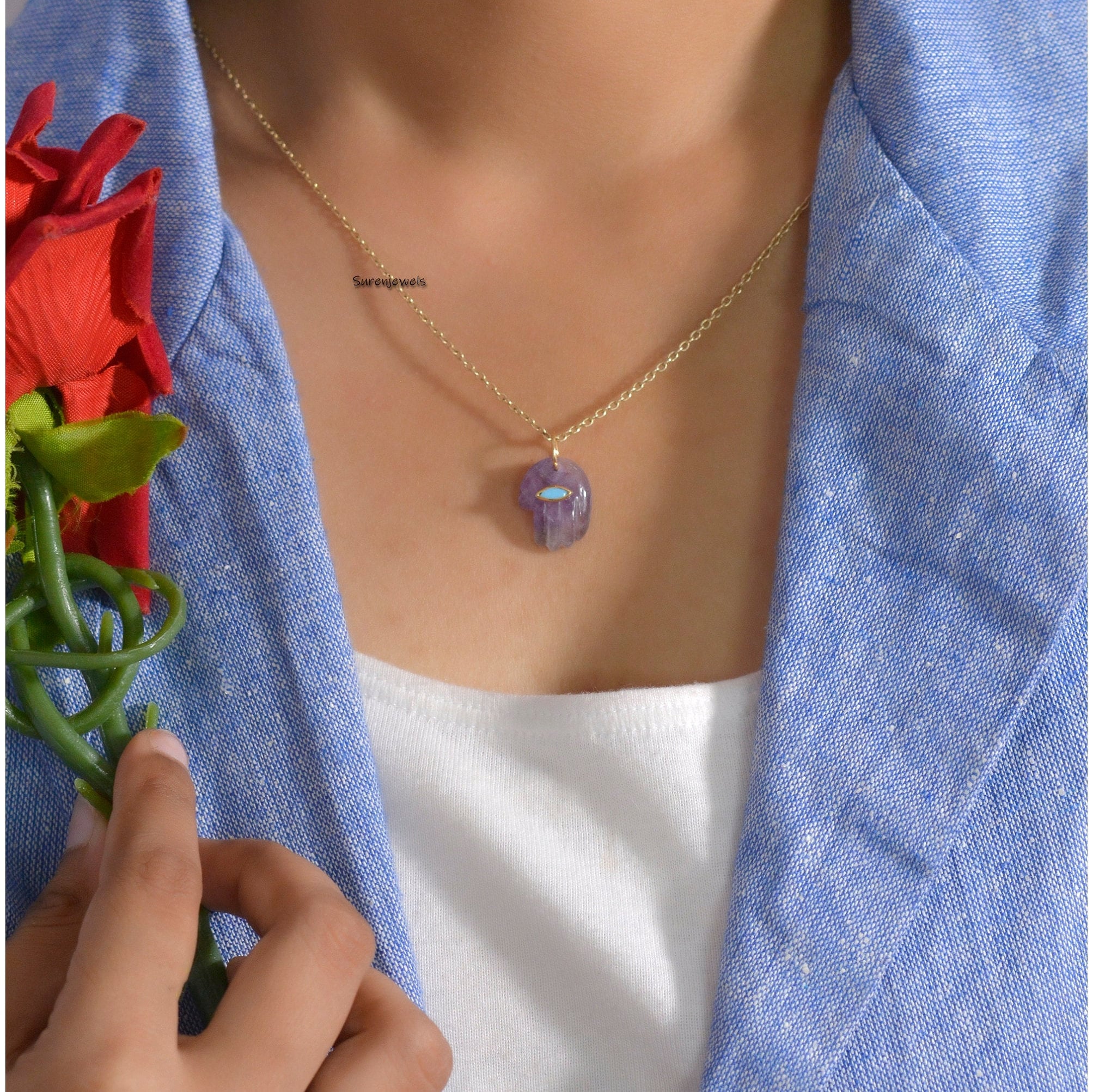 9k Gold Gemstone Figa Hand Pendant: Amethyst or Lapis Charm - View 7 - Suren Jewels | SKU: SJP1047-SLYGAMPSP-15M