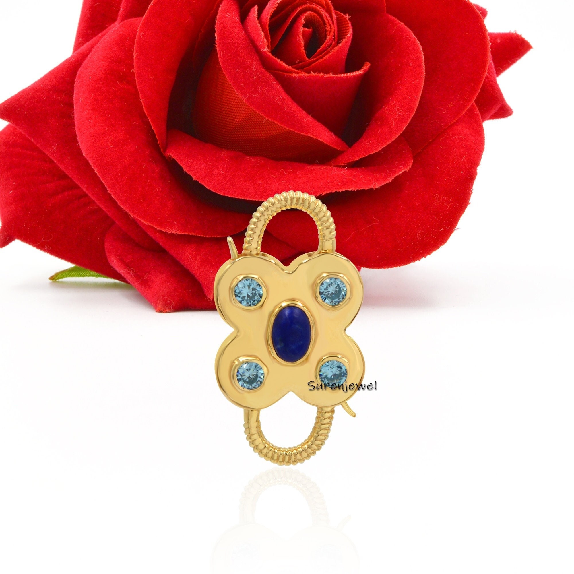 Handmade Gemstone Padlock Pendant: 14k Gold Vermeil, Lapis & Topaz - Suren Jewels | SKU: SJP65-SLYGLPZBT-N47-18I-925