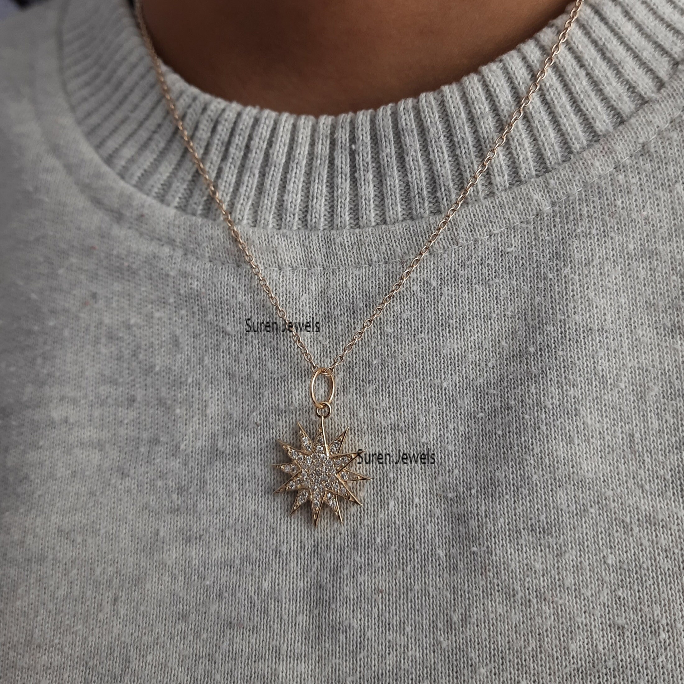 14K Gold Starburst Diamond Pendant - 20mm Gemstone Charm - View 5 - Suren Jewels | SKU: SJP531-SLYGDI-20M