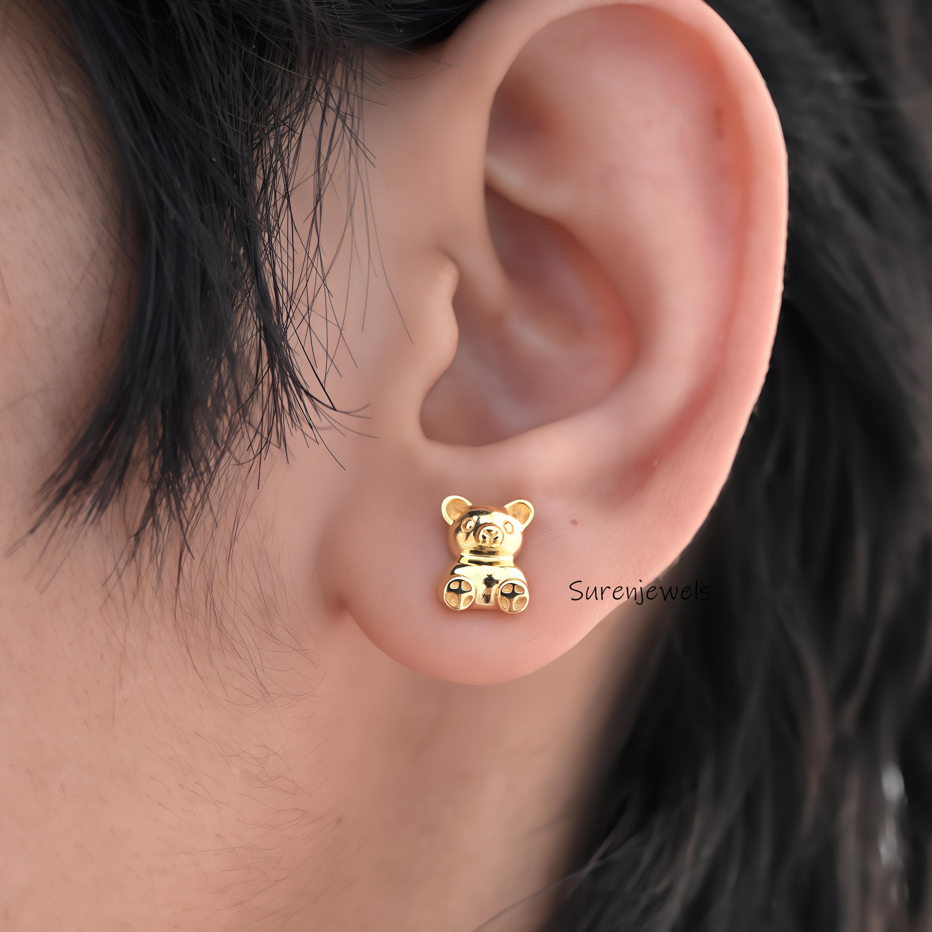 14K Gold Teddy Bear Stud Earrings: Tiny Flat Design - View 5 - Suren Jewels | SKU: SJE1715-SLYG-10M