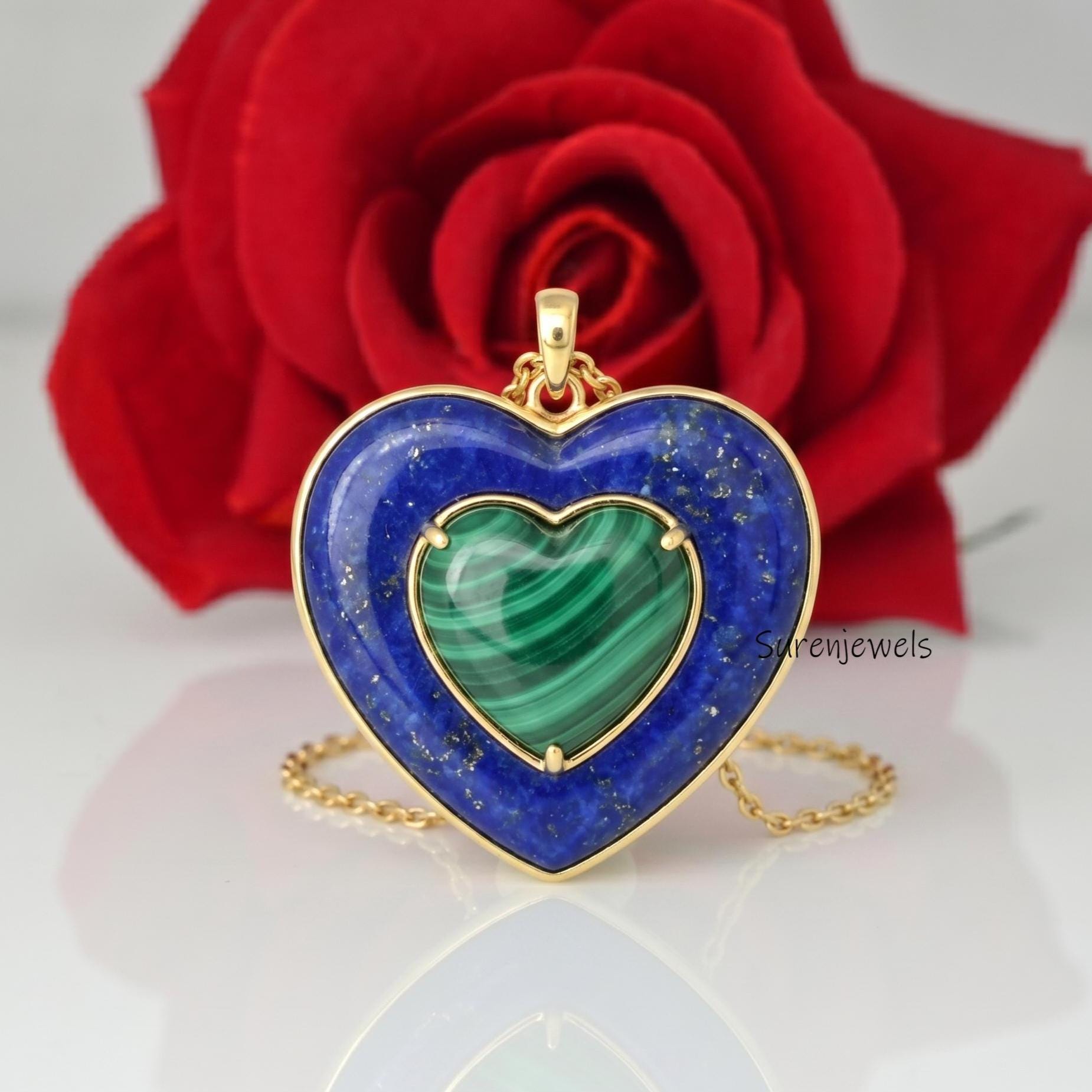 14K Gold Plated All Gemstone Hand Carving Heart Pendant, Multi Stone Heart Pendant, Gemstone Designer Heart Pendant,Carved He