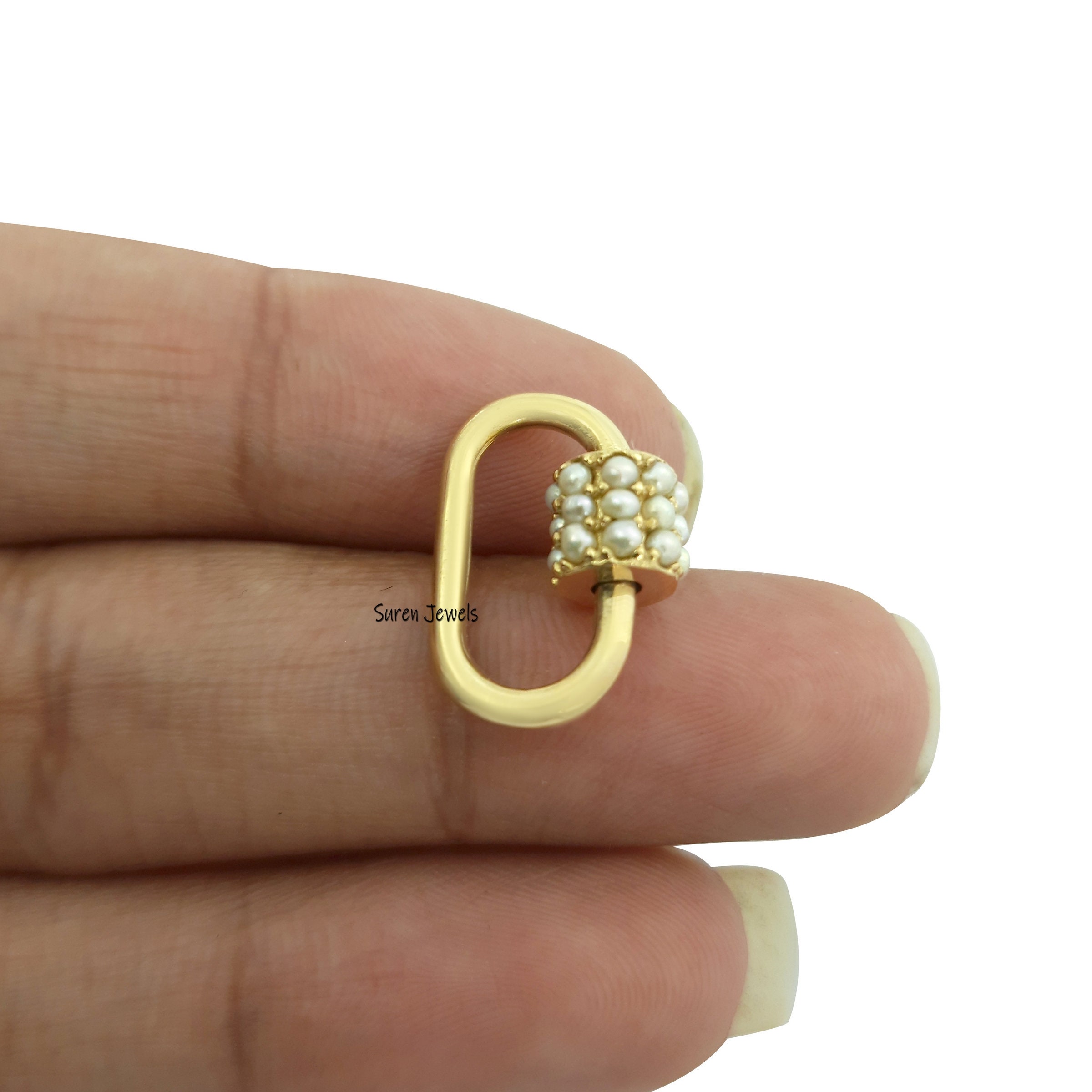 14k Gold Pearl Carabiner Lock: Gemstone Pendant Jewelry (18*9 MM) - View 4 - Suren Jewels | SKU: SJC09-14KYGPL