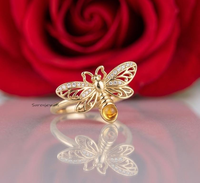 14k Gold Gemstone Firefly Ring, Insect Ring Jewelry, Nature Inspired Dragonfly Ring, Unique Animal Ring, Handmade Dragonfly R