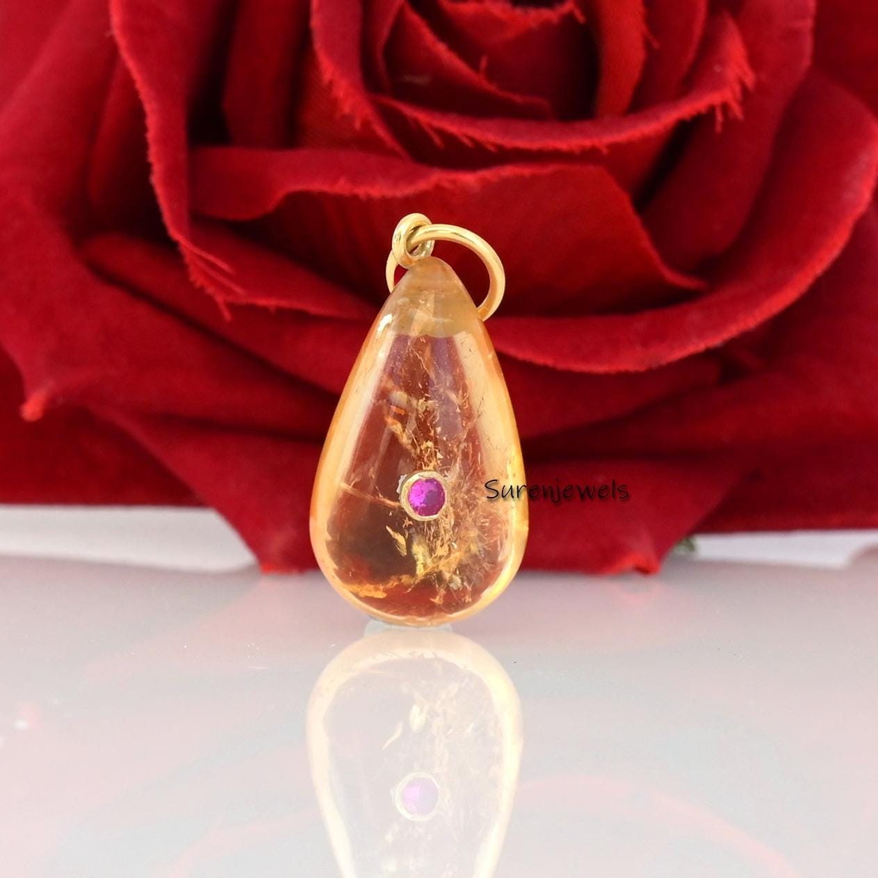 14K Gold Teardrop Pendant: Ruby CZ Gemstone (25mm) - Suren Jewels | SKU: SJP3193