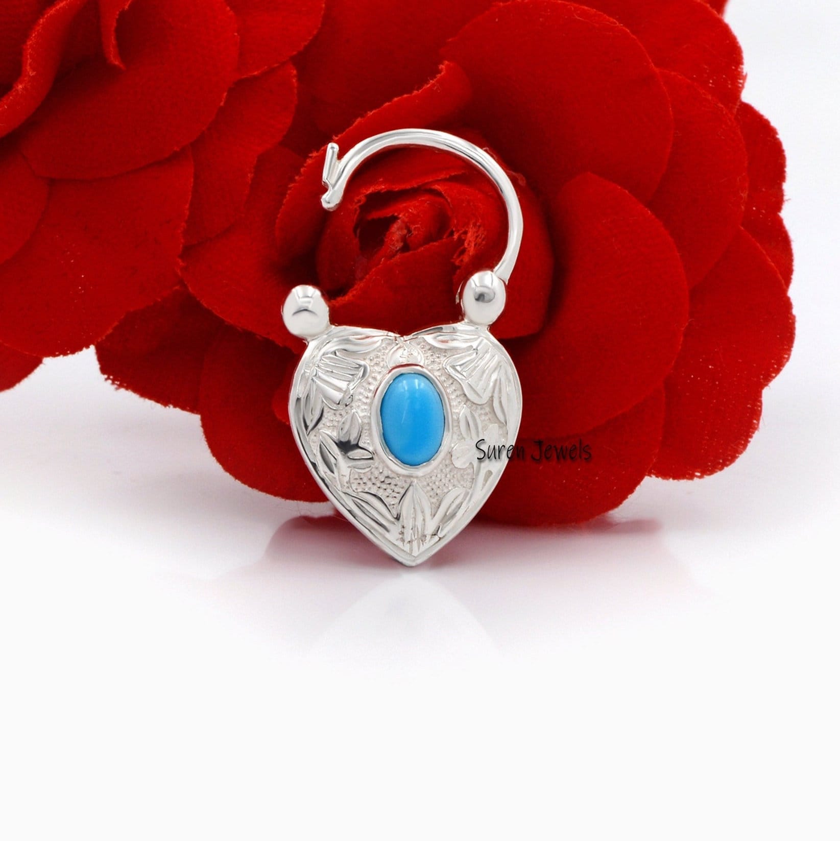925 Silver Heart Padlock Pendant: Turquoise, Lapis & Gemstone Connector - View 3 - Suren Jewels | SKU: SJP92-SLYGTQ-N47-18I