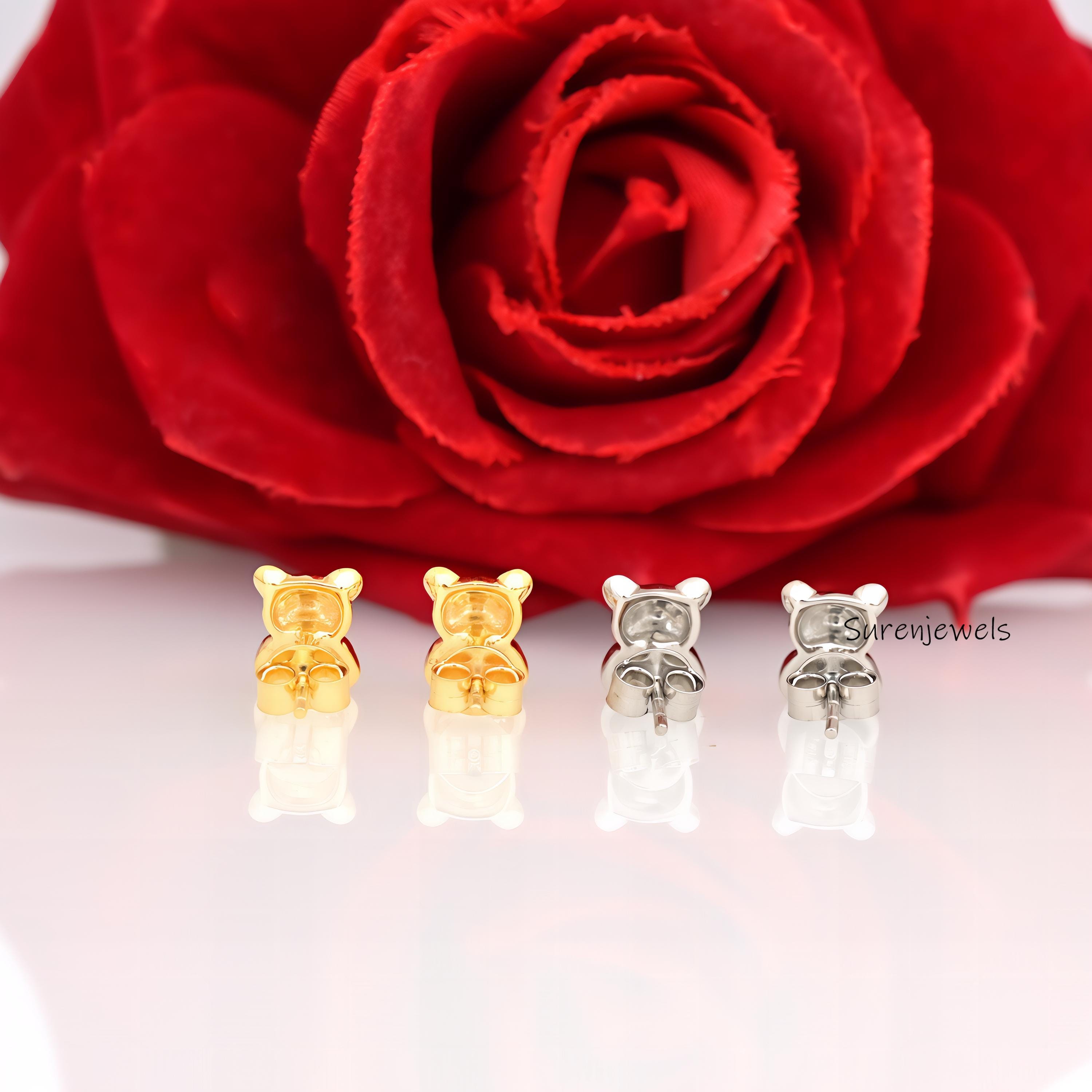 14K Gold Teddy Bear Stud Earrings: Tiny Flat Design - View 4 - Suren Jewels | SKU: SJE1715-SLYG-10M