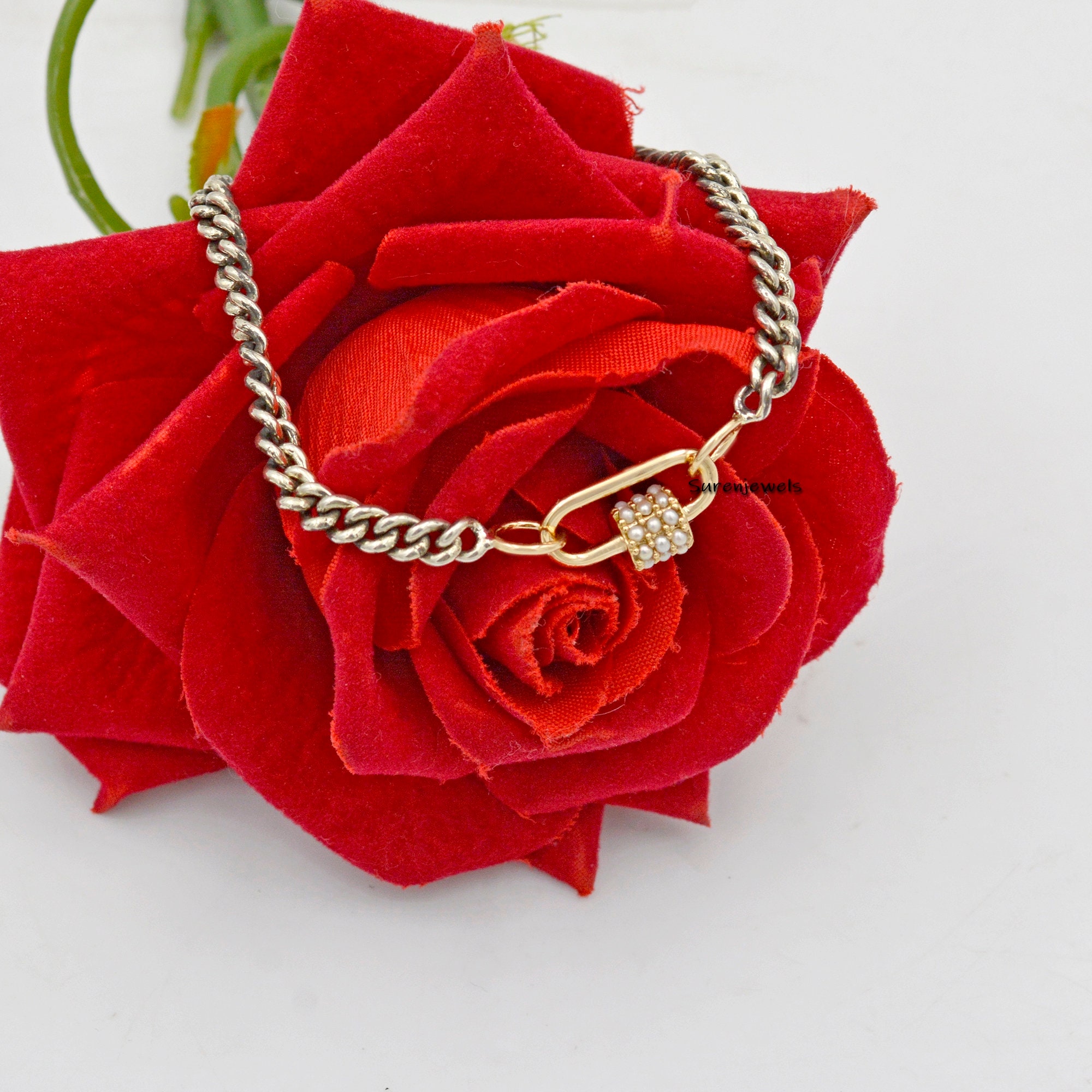Handmade Oxidized Sterling Silver Curb Chain Bracelet: Carabiner Lock - View 3 - Suren Jewels | SKU: SJA