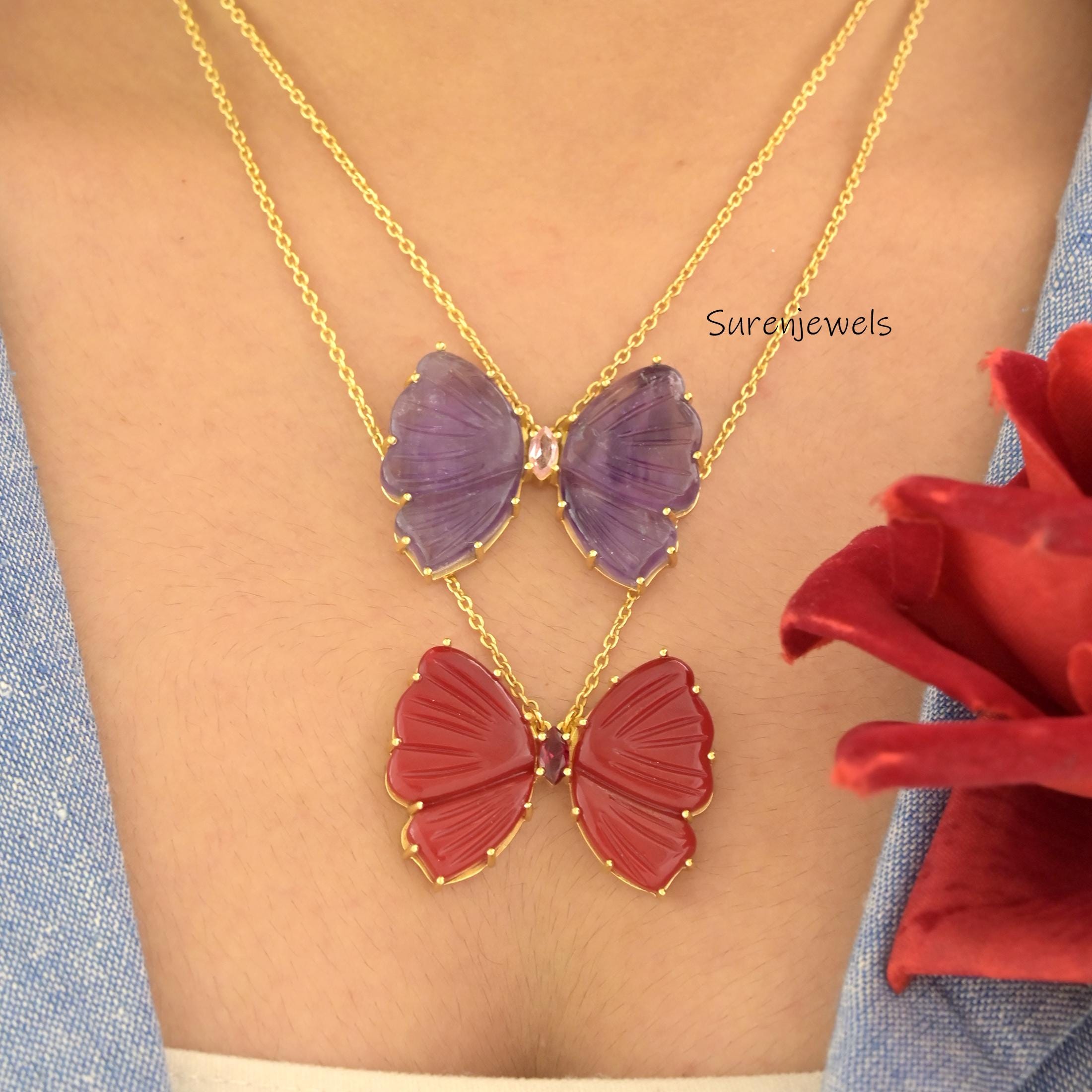 14K Gold Butterfly Charm Necklace: Handmade Carved Gemstone Pendant - Suren Jewels | SKU: SJN1949
