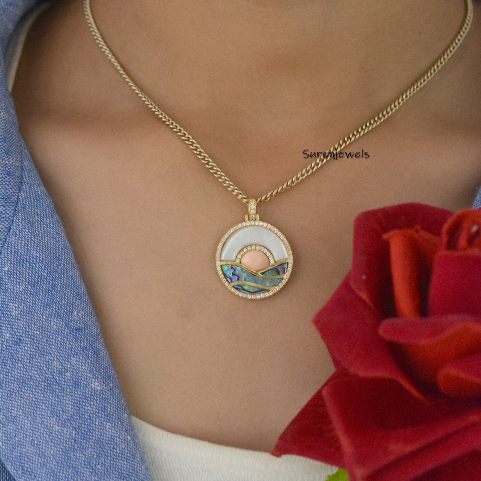14k Gold Gemstone Sunset Pendant: CZ Sun & Sea Disc - View 2 - Suren Jewels | SKU: SJP1639