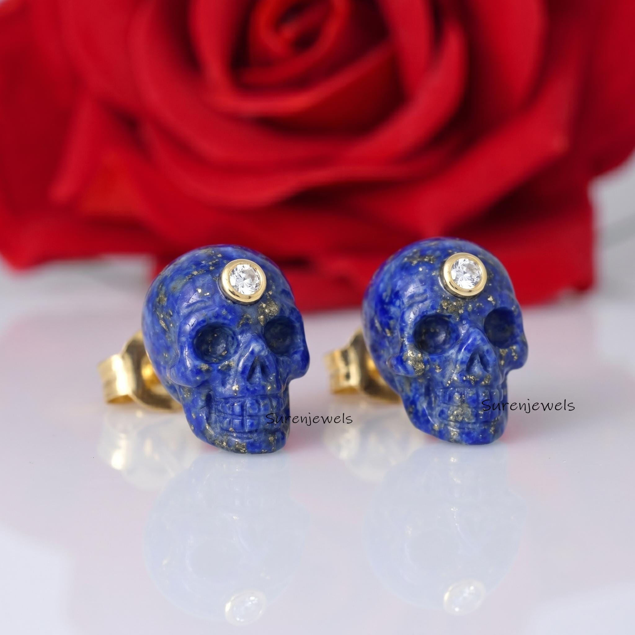Carving 14K Gold Gemstone Skull Studs, Handmade Skull Stud Earrings, Designer Carving Skull Earrings, Carved Skull Studs, 14K