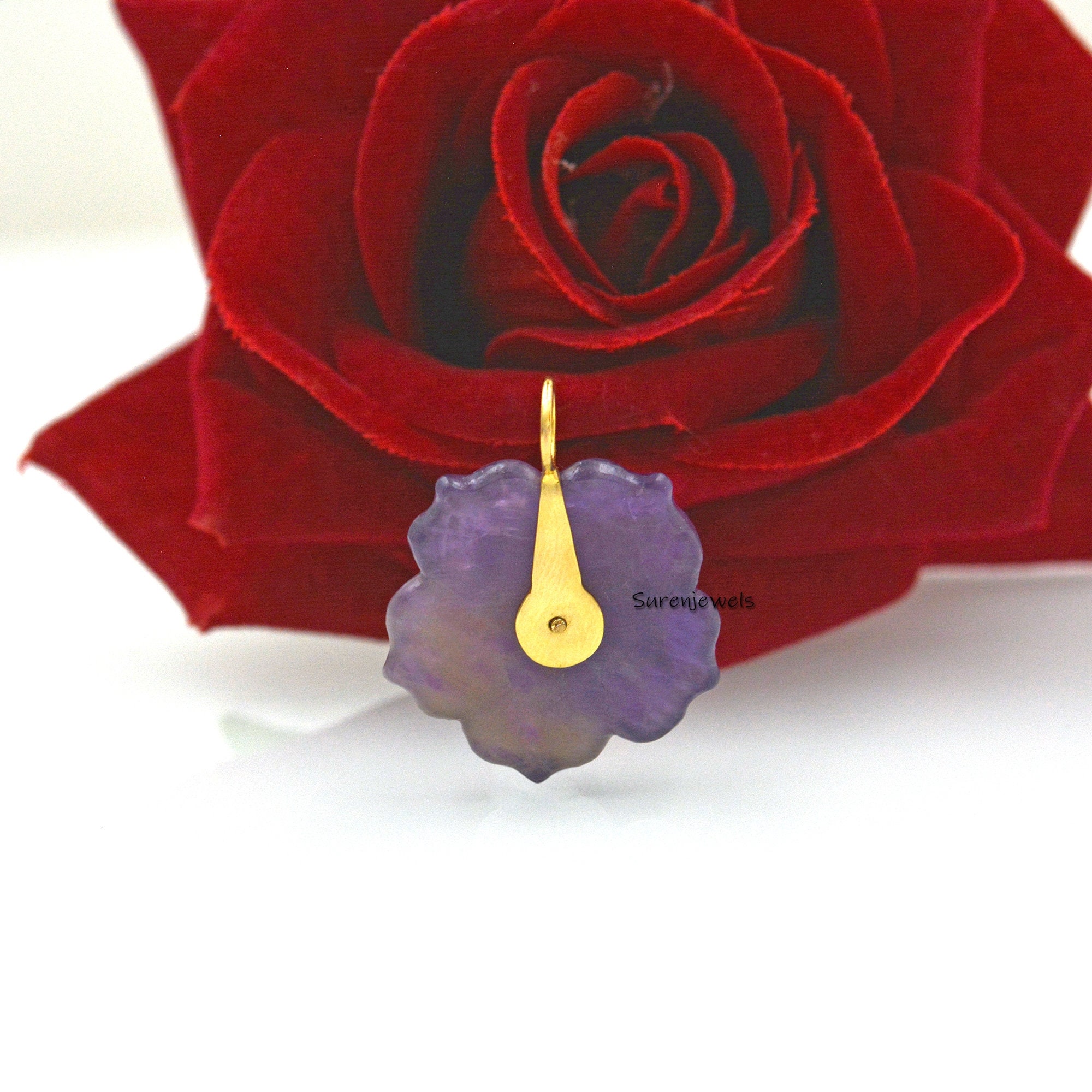 14K Gold Amethyst Flower Pendant: Hand Carved Gemstone Jewelry - View 5 - Suren Jewels | SKU: SJP1730
