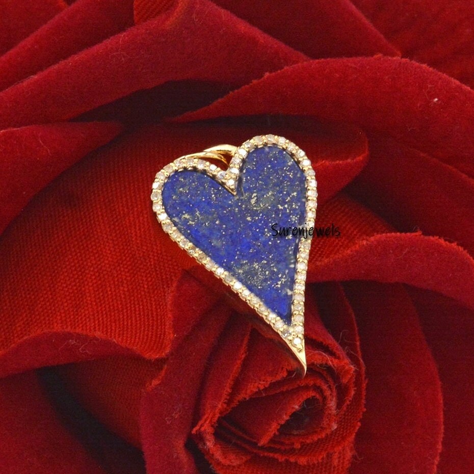 14k Gold Gemstone Heart Pendant: Lapis Lazuli, Turquoise, or Diamond - View 3 - Suren Jewels | SKU: SJP1061-9KYGDILPZ