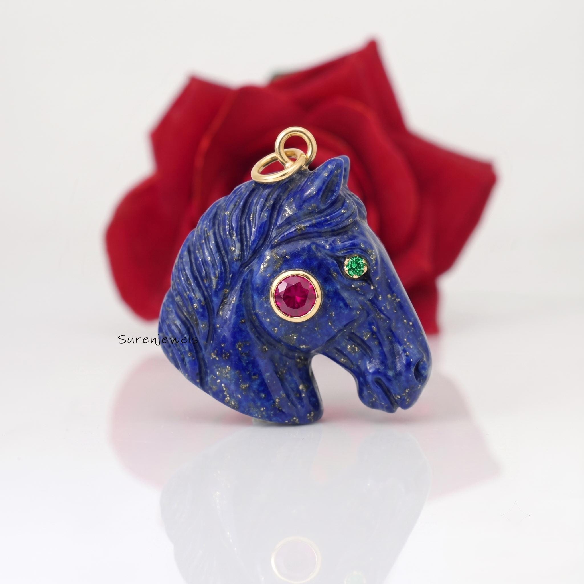 Hand-Carved Lapis Lazuli Horse Head Pendant, Gemstone Animal Pendant, Animal Lovers - Unique Gemstone Jewelry - Suren Jewels