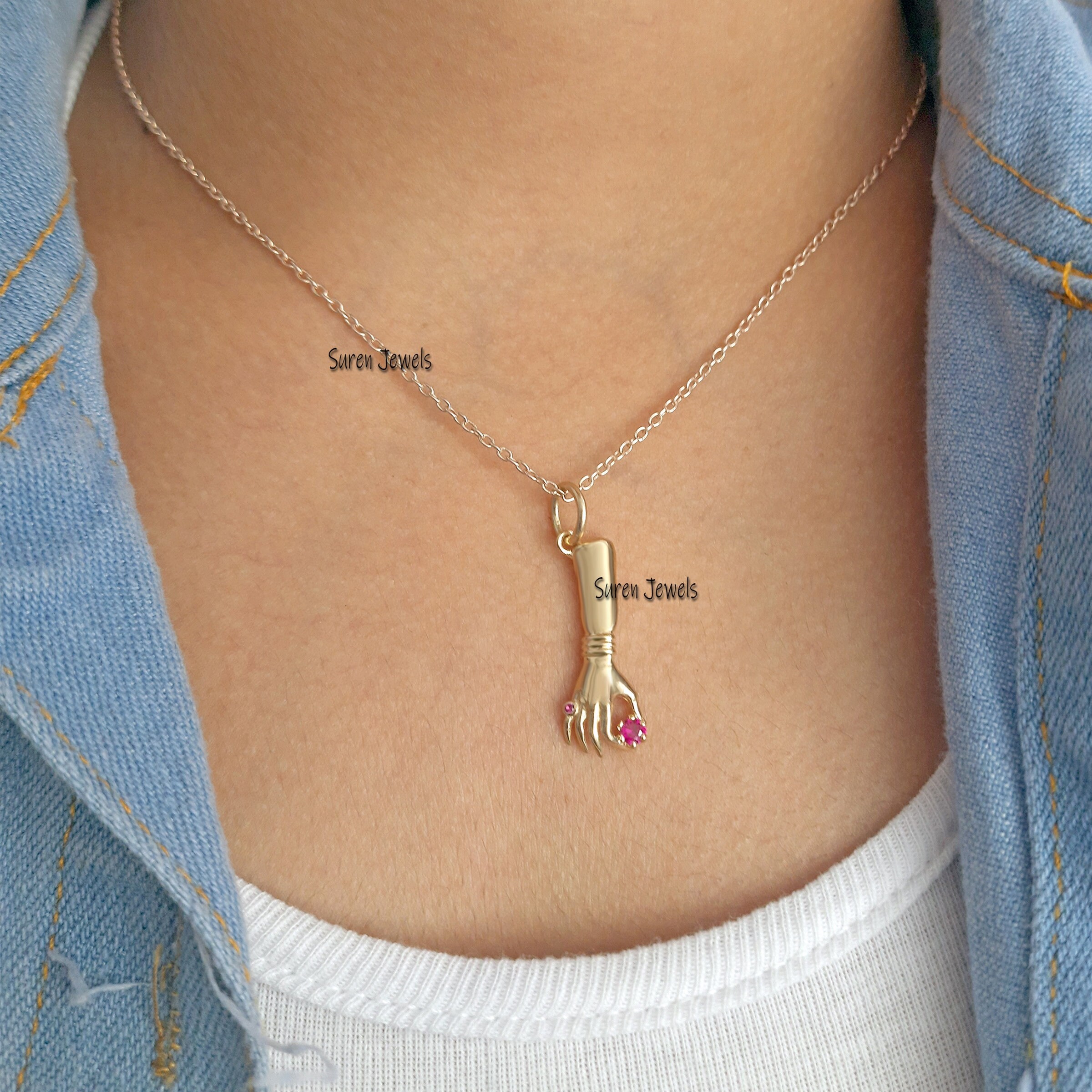 925 Silver Figa Hand Pendant: Ruby Gemstone Good Luck Charm - View 4 - Suren Jewels | SKU: SJP517-SLYGRU-N41-18I-925