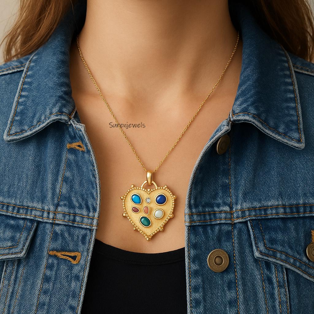 14k Gold Multi Gemstone Heart Pendant: Dainty Handmade Design - Suren Jewels | SKU: SJP5046-