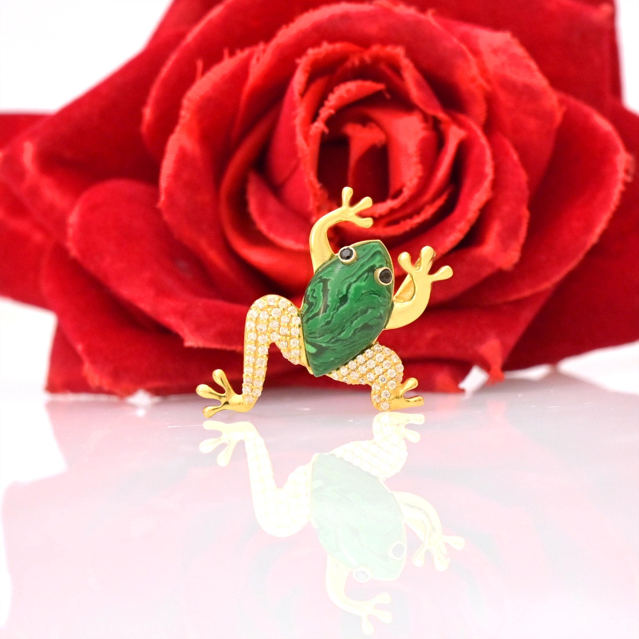 14K Gold Malachite Frog Pendant: Hand Carved Animal Jewelry - View 3 - Suren Jewels | SKU: SJP1415-SLYGMKBKCZWCZ