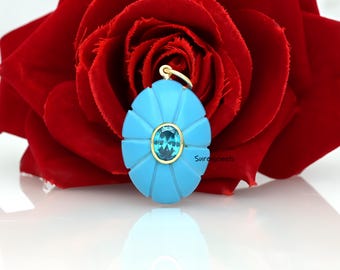 Colgante de flor turquesa tallada en oro de 14 quilates: dije de flor de piedra preciosa