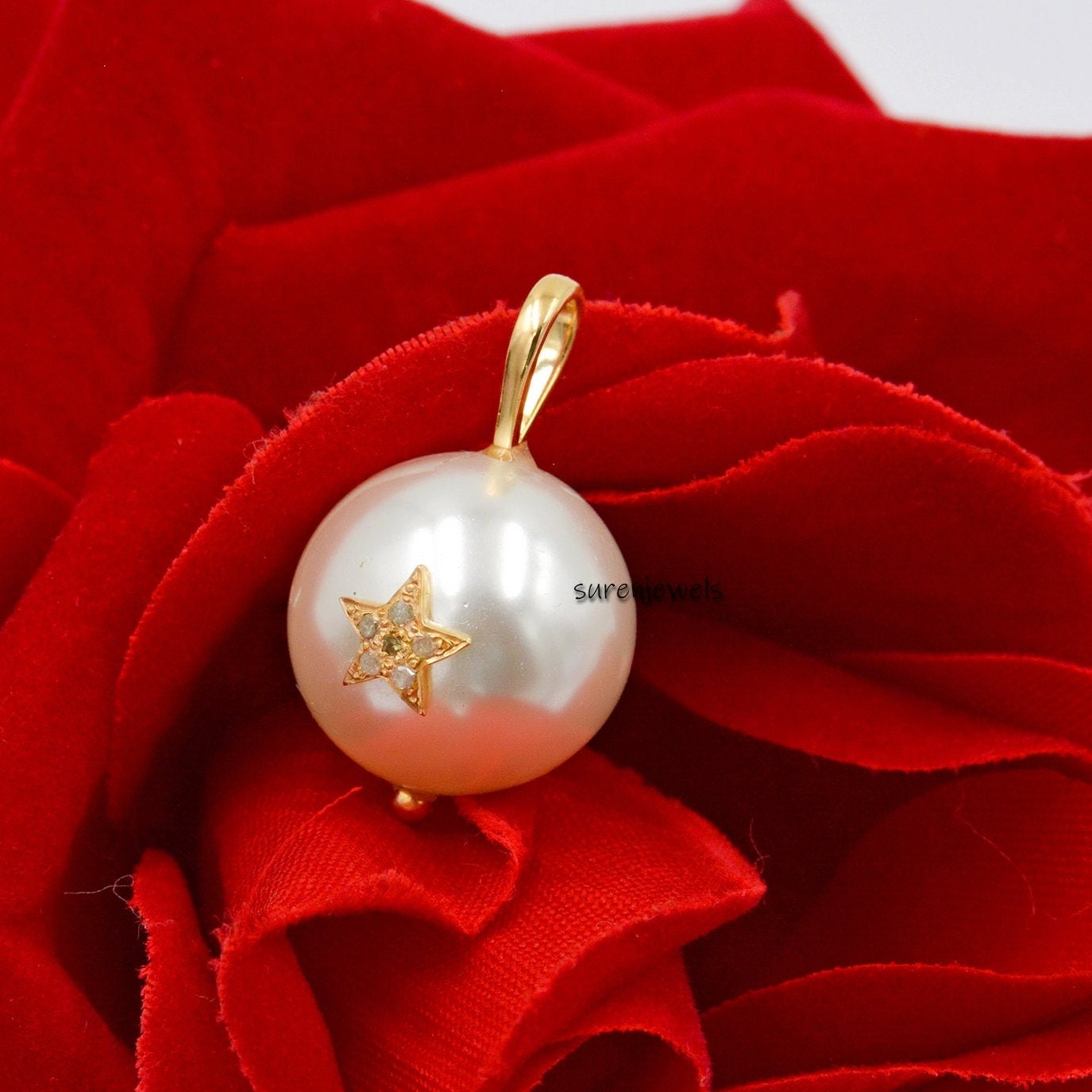 14K Gold Gemstone Star Ball Pendant: Handmade Carved Pearl & Diamond - Suren Jewels | SKU: SJP741-SUREN14K