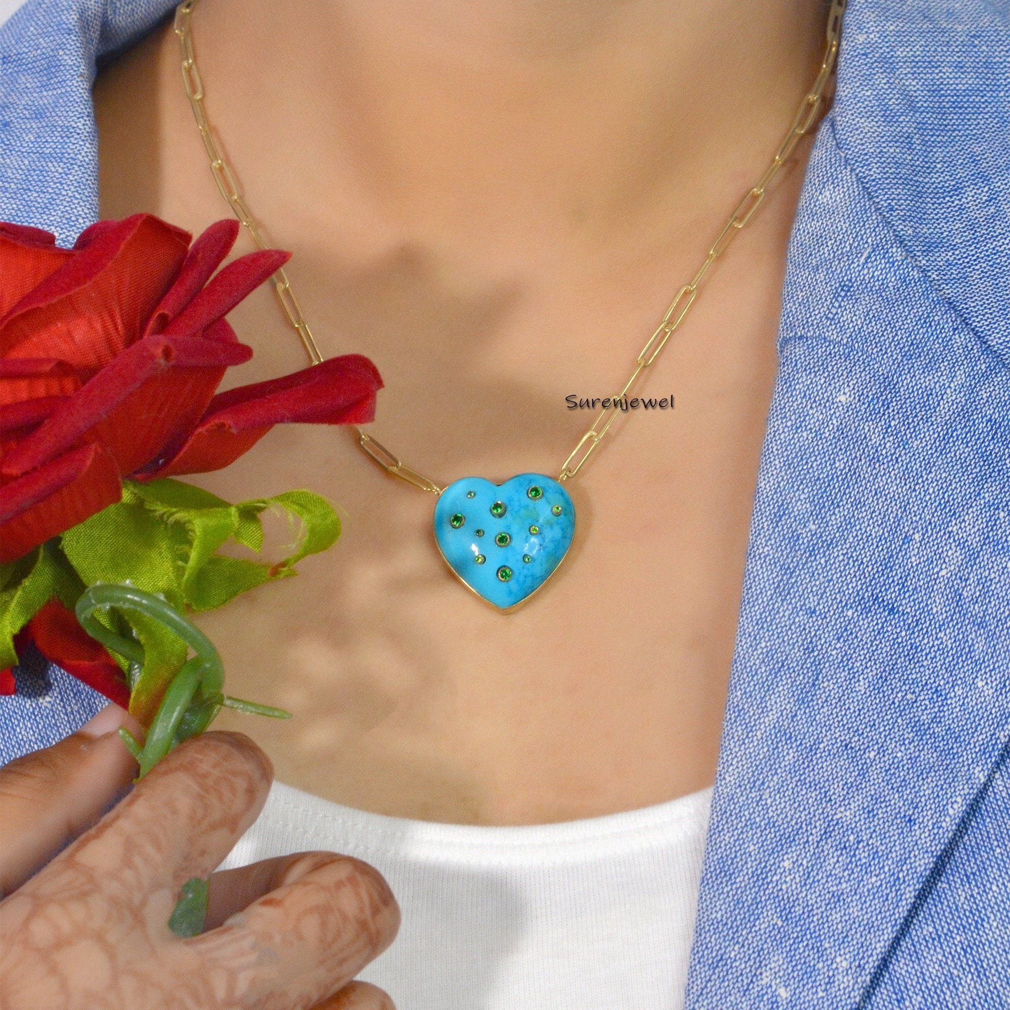 Solid 14K Gold Turquoise Heart Pendant 