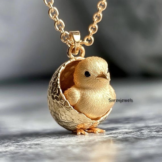 14k Gold Bird Pendant: Gemstone Chick, Designer Animal Jewelry