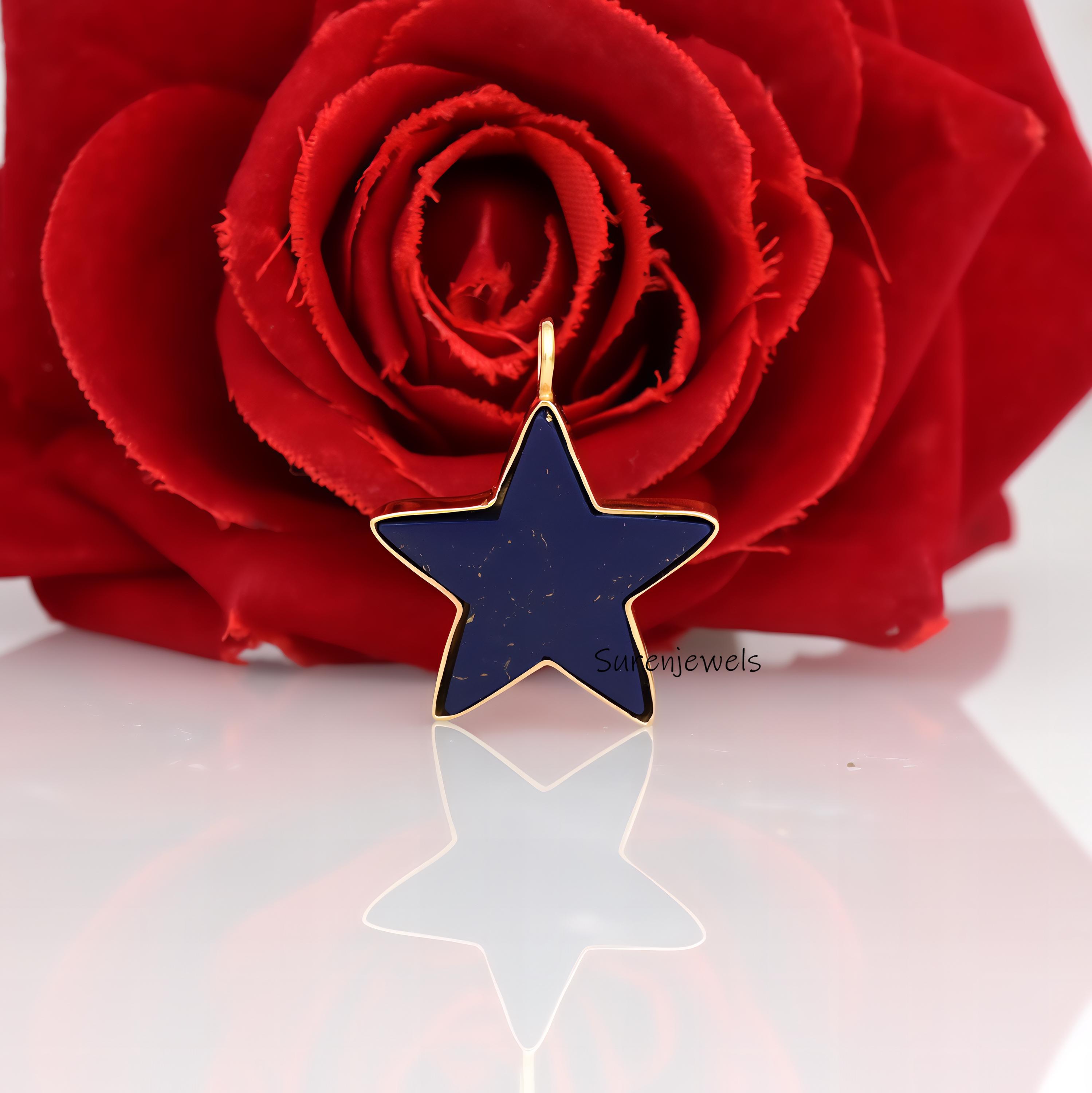 14k Gold Carved Multi Gemstone Star Pendant: Malachite, Lapis, Turquoise - View 5 - Suren Jewels | SKU: SJp1303