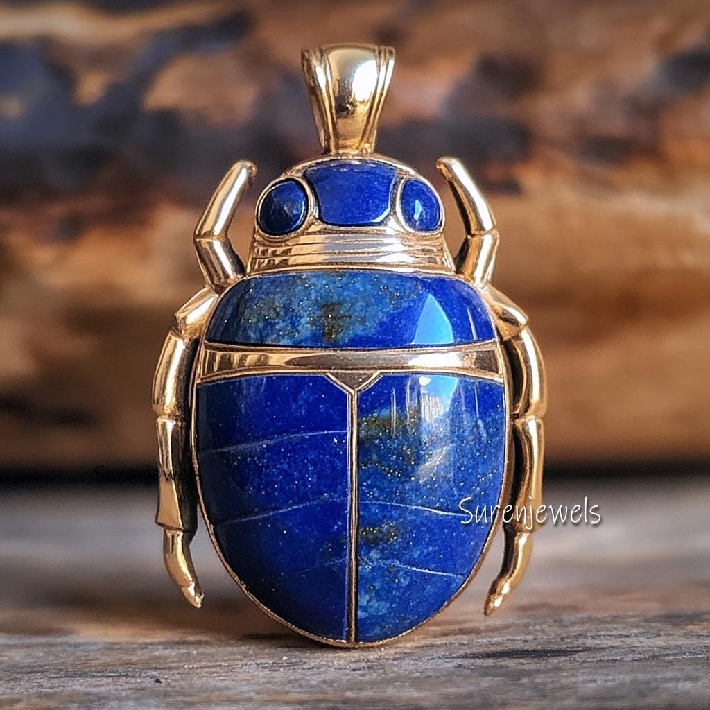 14K Gold Lapis Lazuli Scarab Pendant: Hand Carved Amulet Charm - View 5 - Suren Jewels | SKU: SJP3493-SLYGLPZ-35M,SJP3487-SLY