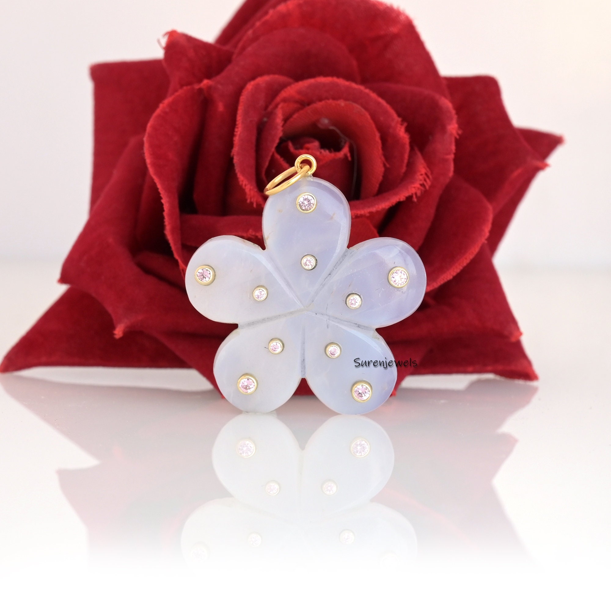 14K Solid Gold Gemstone Flower Pendant - Handmade Vintage Style - View 6 - Suren Jewels | SKU: SJP2453-SLYGGOPCZR