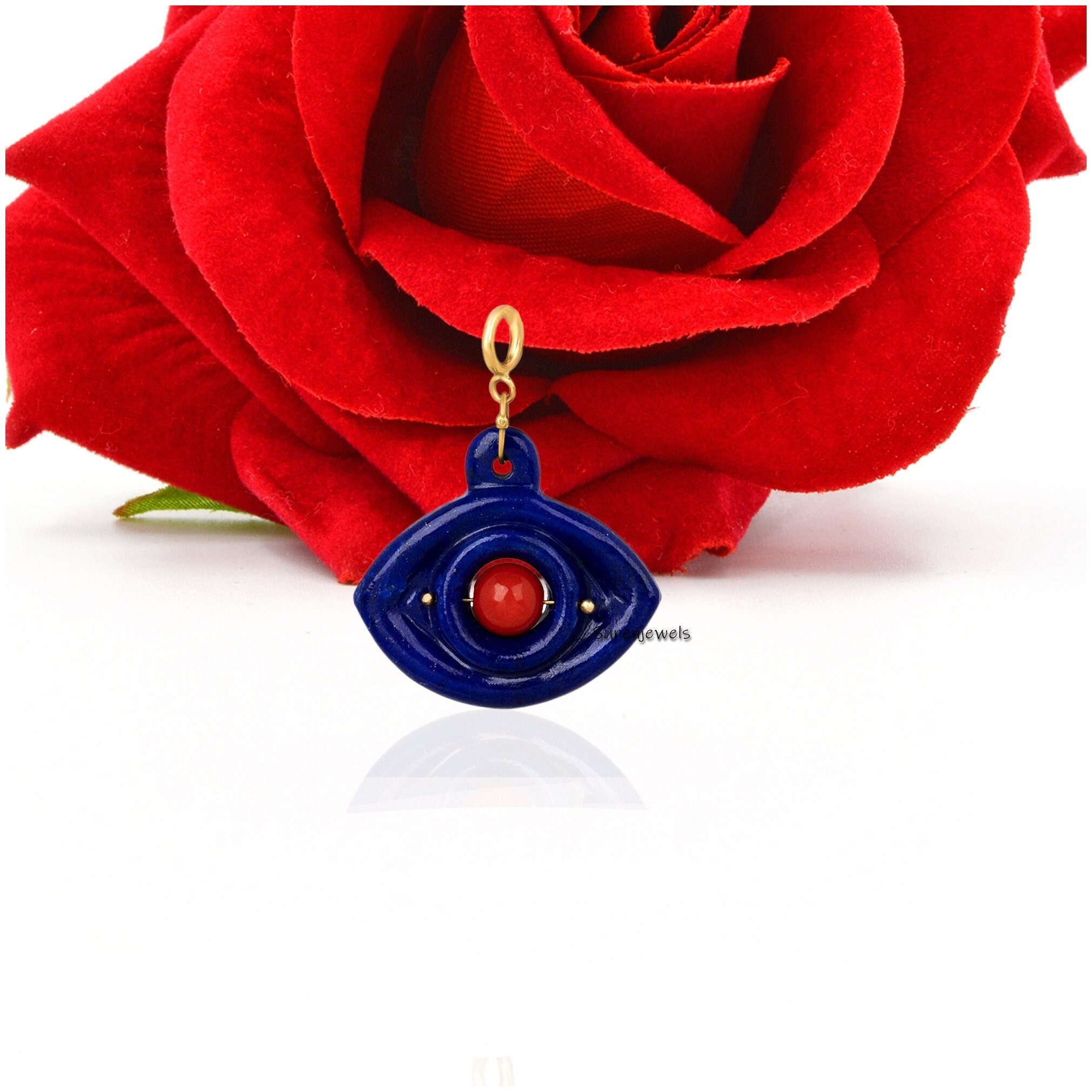 Hand Carved 14k Gold Gemstone Evil Eye Pendant - View 3 - Suren Jewels | SKU: SJP1477-14KYGLPZCR