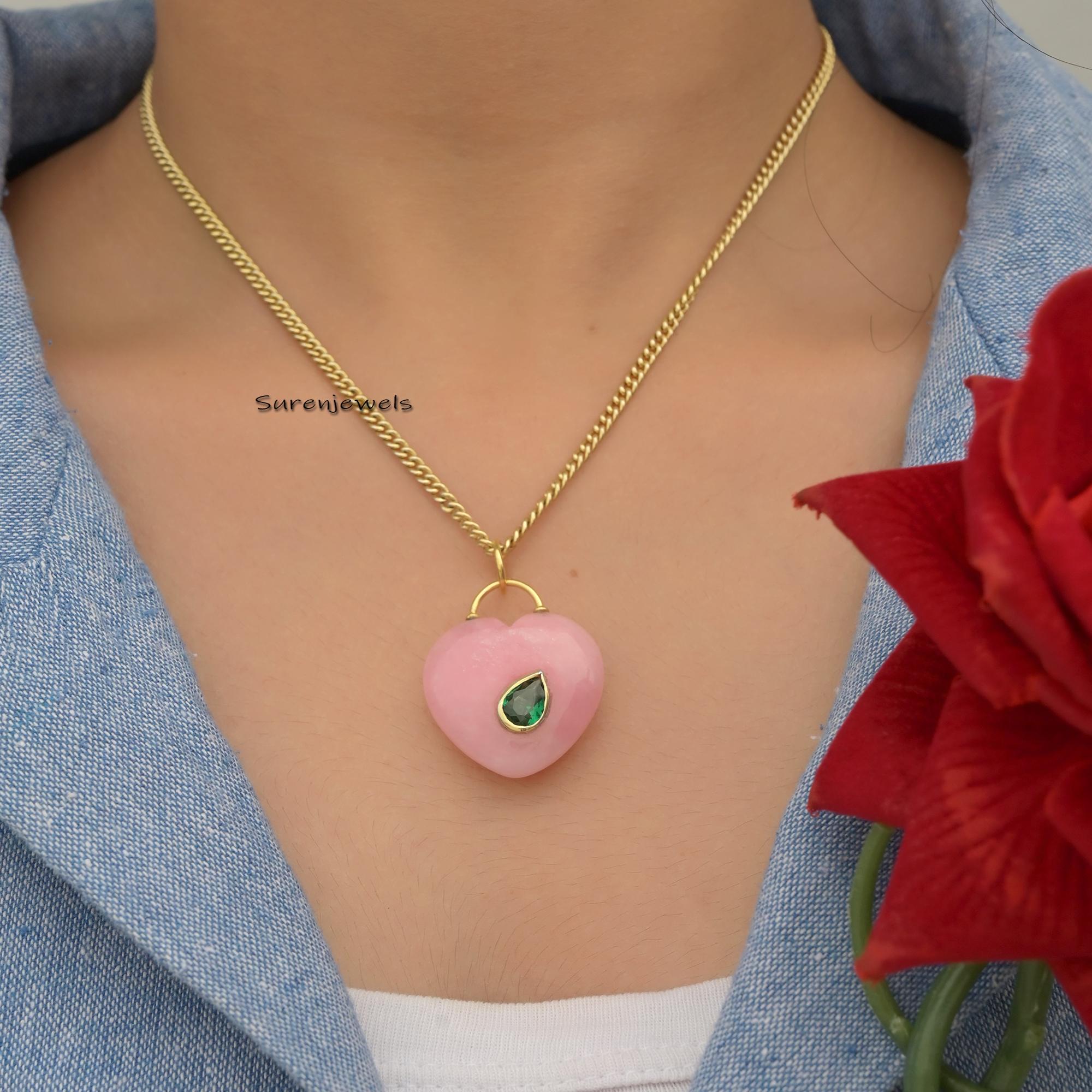 14K Gold Gemstone Heart Padlock Pendant: Handmade Padlock Design - View 4 - Suren Jewels | SKU: SJP1680