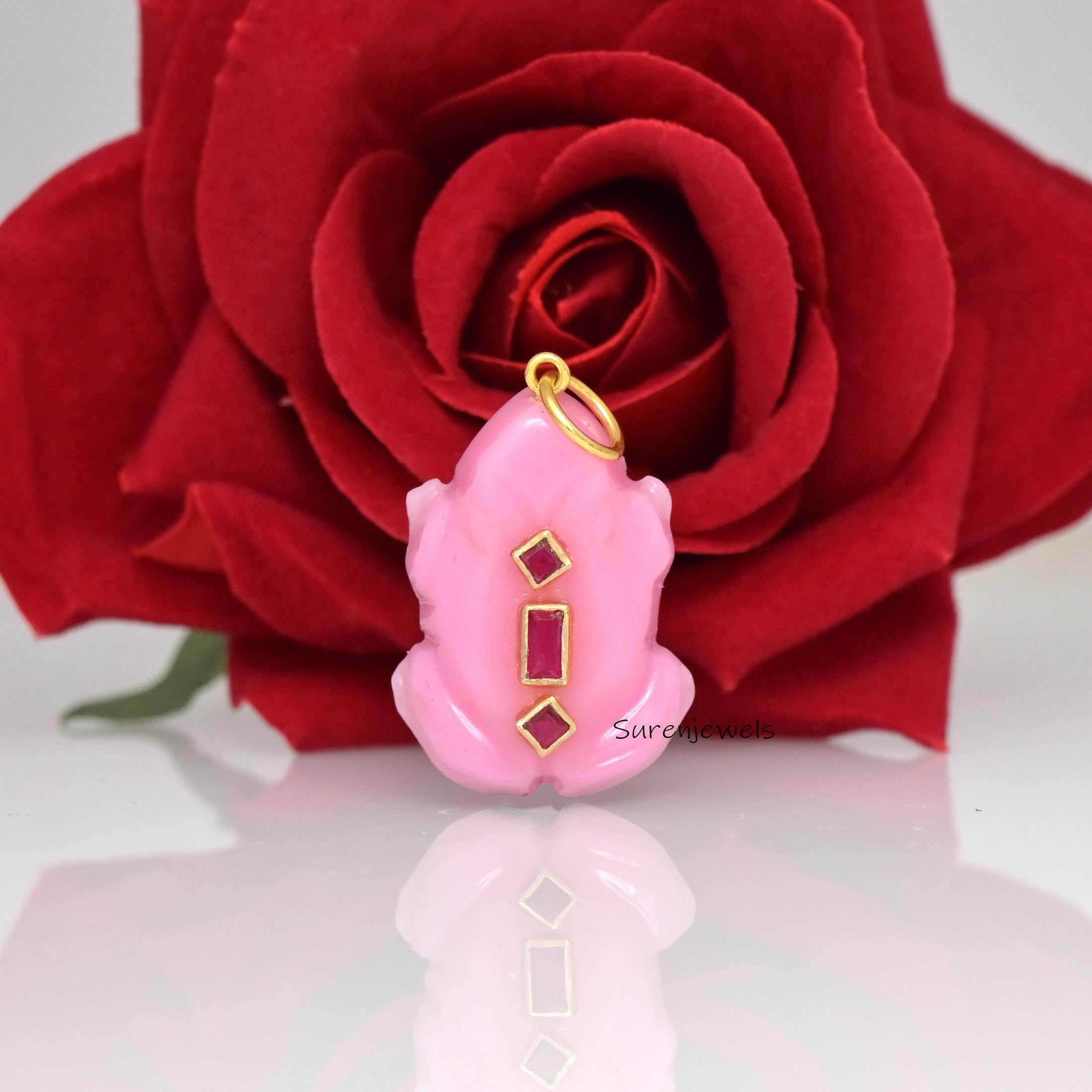 14k Gold Malachite Frog Pendant with Ruby CZ Accents - Suren Jewels | SKU: SJP4913-SLYGMKRUCZ-35M