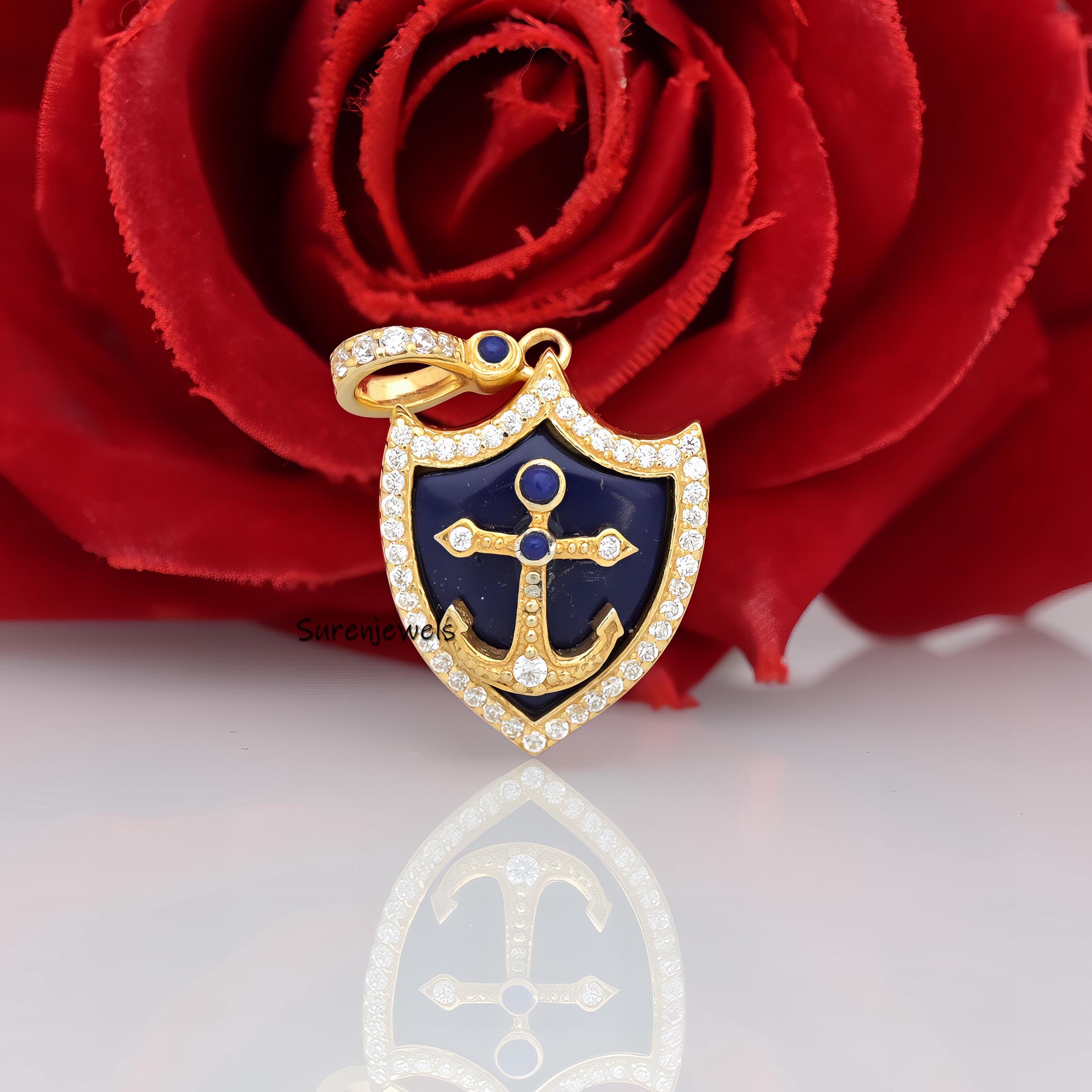 14k Gold Gemstone Shield Pendant: Lapis, Turquoise, Malachite - Suren Jewels | SKU: SJP4238-SLYGLPZCZ-30M