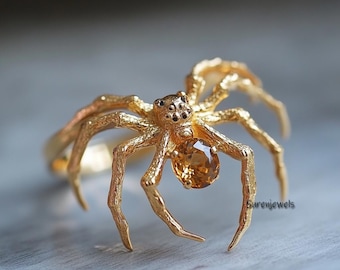 Solid Gold Citrine Spider Ring, Nature Inspired Statement Jewelry