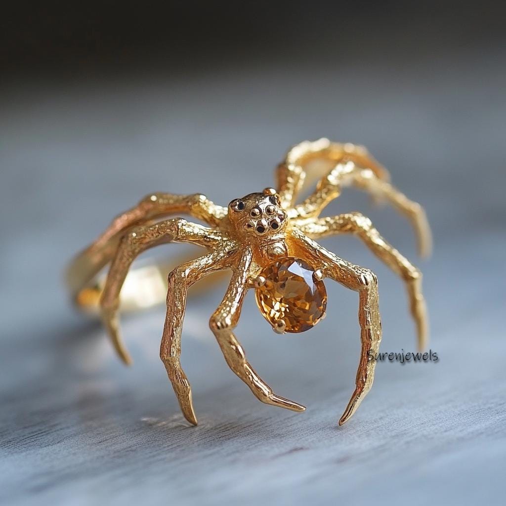 Citrine Spider Ring, Solid Gold Spider Jewelry, Nature Inspired Statement Ring, Creepy Cute Insect Ring, Bold Jewelry, Handma