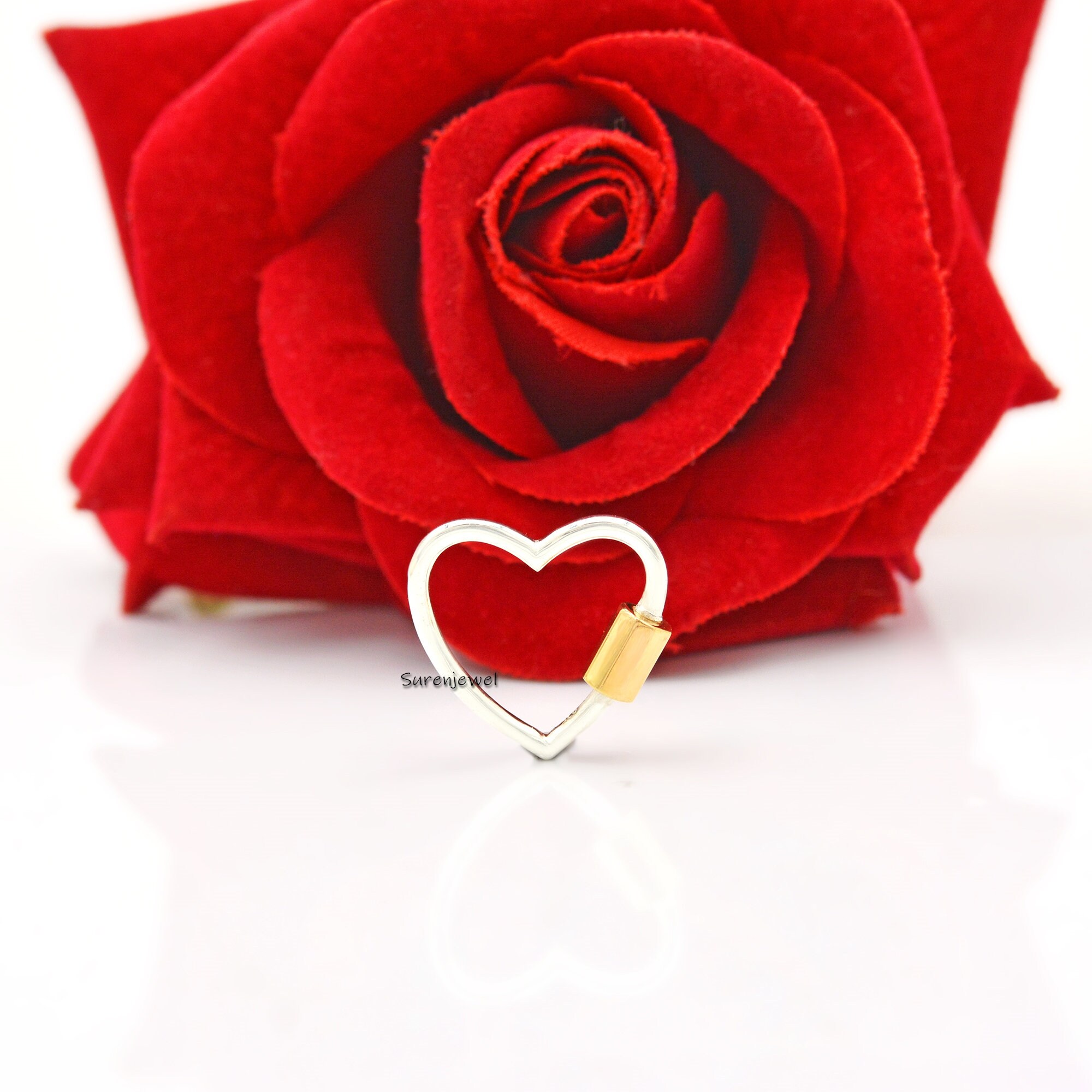 14K Gold Plated Heart Carabiner Lock: Silver Screw Jewelry Connector - View 4 - Suren Jewels | SKU: SJC27-SLNSYG-20M-N22