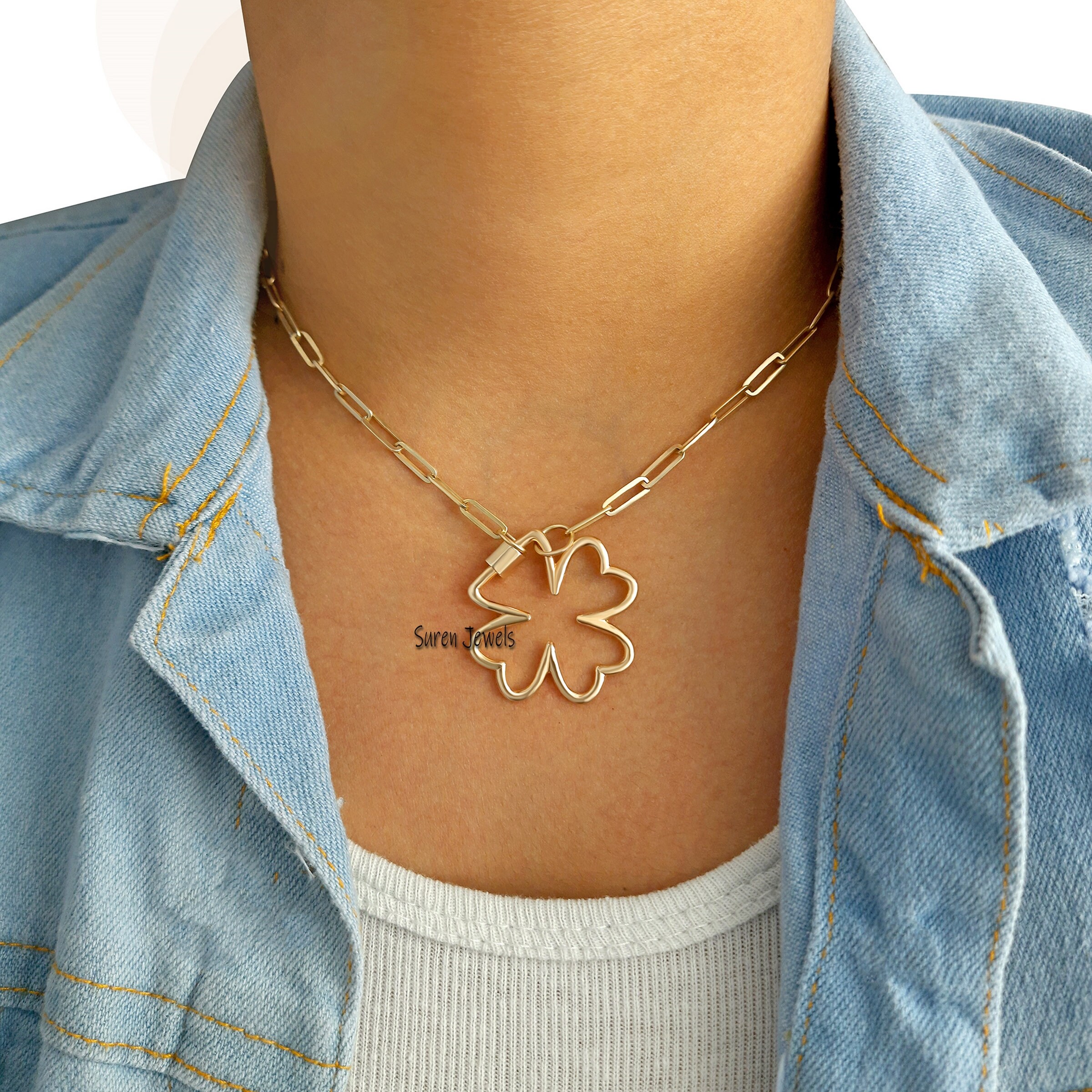 14k Gold Flower Carabiner Lock: Handmade Designer Pendant (30mm) - View 4 - Suren Jewels | SKU: SJC84-SLYG-N47-18I