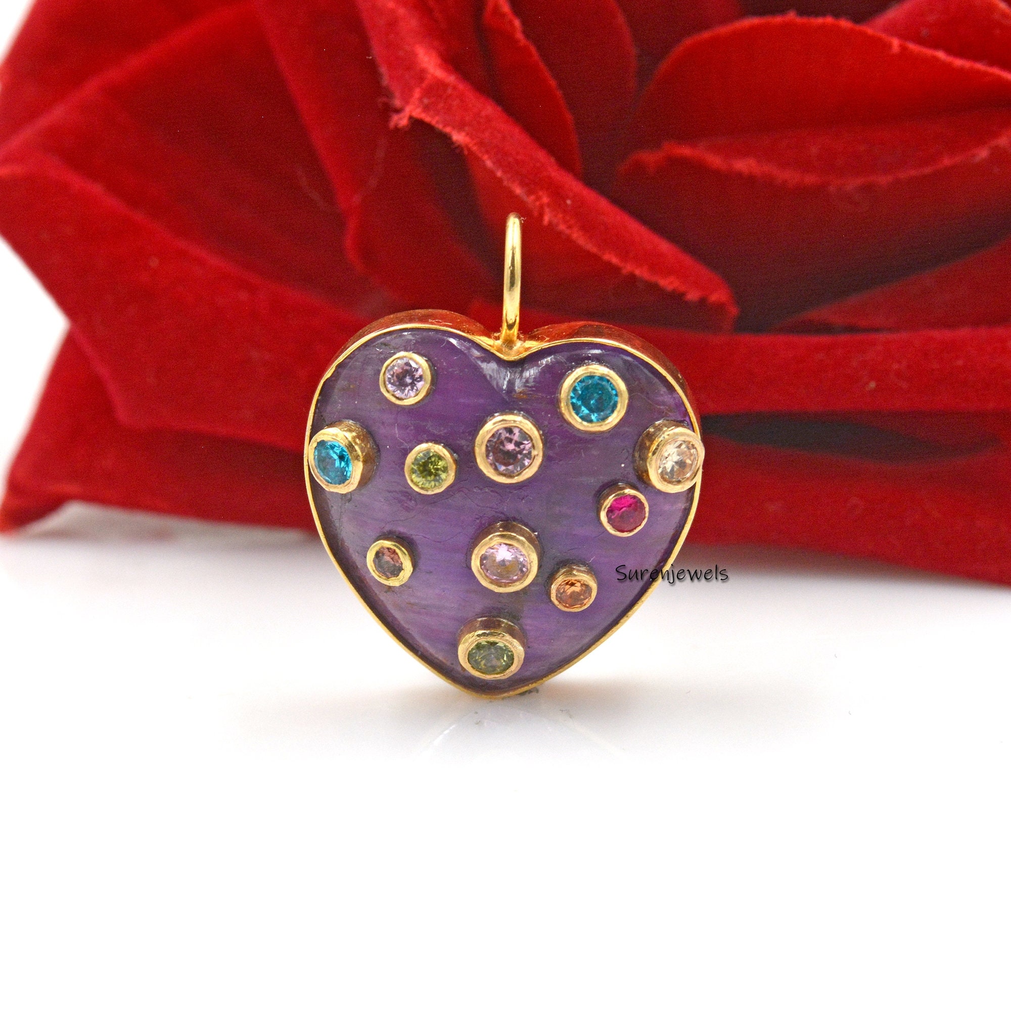 Hand Carved MOP Heart Pendant: Multi Gemstone Inlay (25 MM) - View 6 - Suren Jewels | SKU: SJP1405-SLYGCRMN