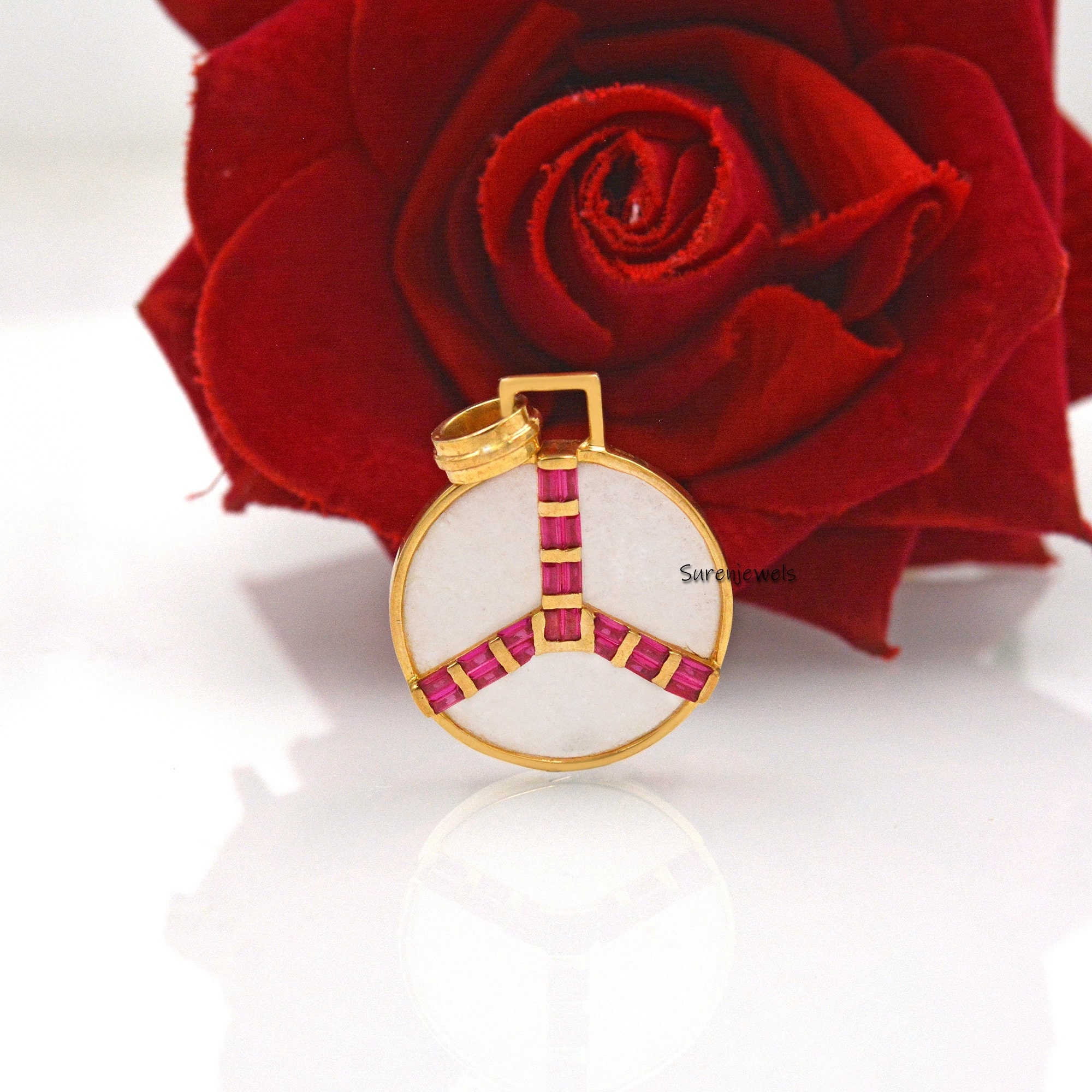 14k Gold Gemstone Peace Pendant: Ruby Baguette Accent - Suren Jewels | SKU: SJP1695