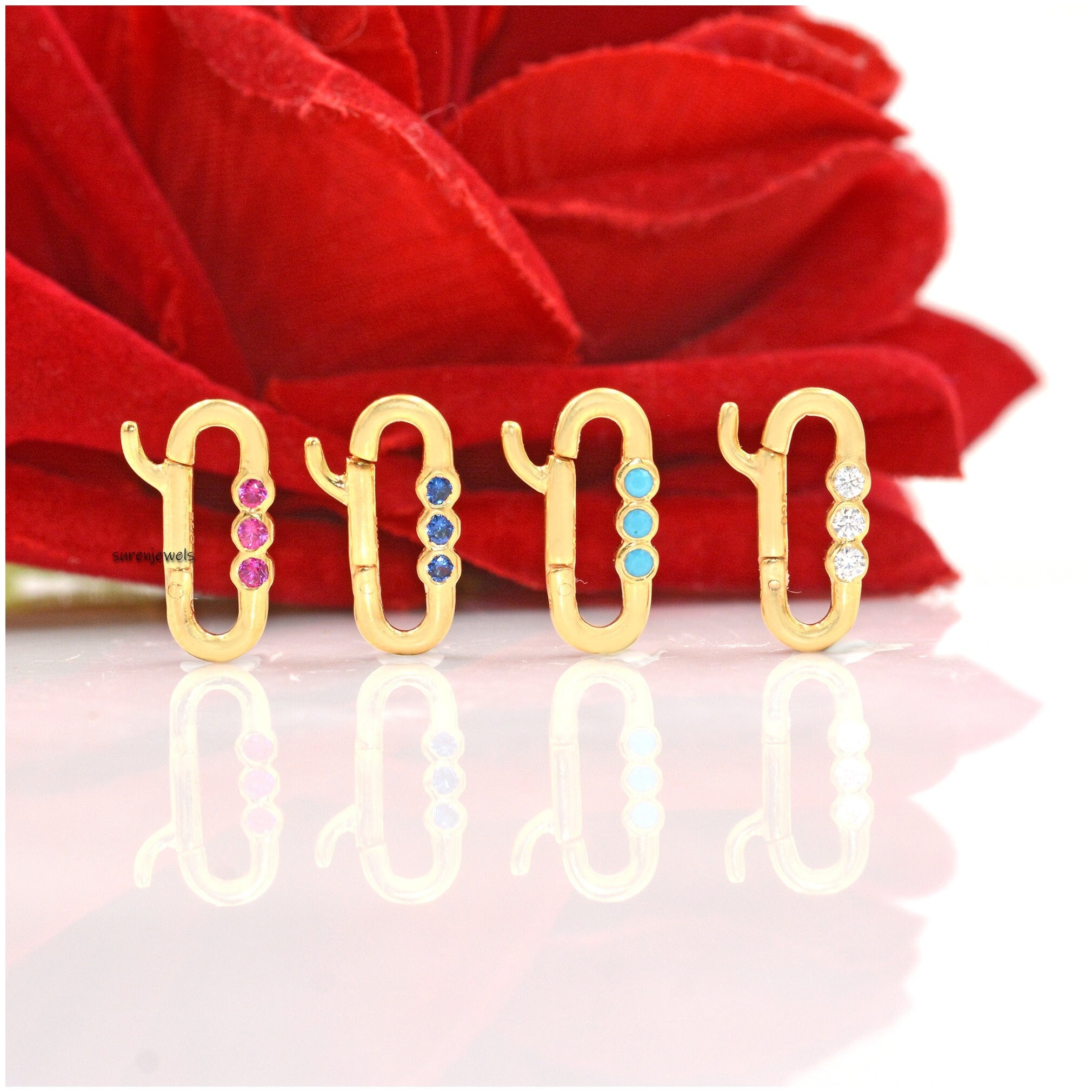 14K Solid Gold Charm Holder: Turquoise & Diamond Enhancer Lock - Suren Jewels | SKU: SJP1186-SLRGDI-16M