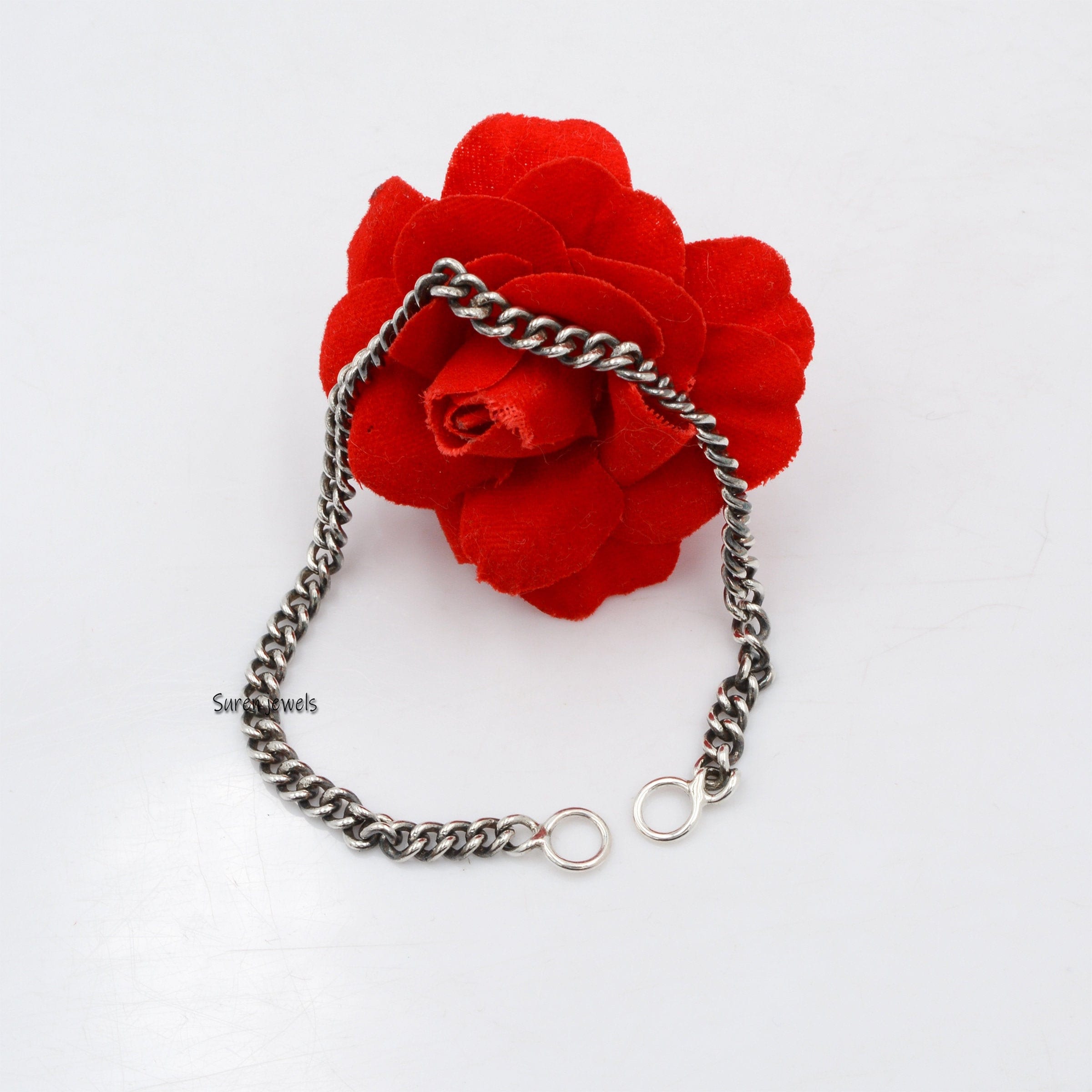 Oxidized Sterling Silver Chain Bracelet: Carabiner Padlock Jewelry - Suren Jewels | SKU: SJA531-SLOXNS-7I