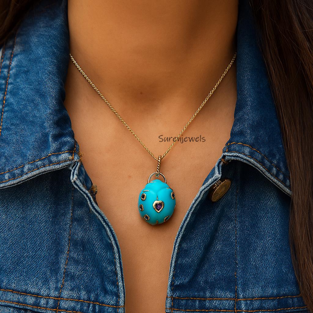 14k Gold Turquoise ladybug Pendant, Carved Stone Bug Charm - Suren Jewels | SKU: SJP1566-SLNSGOPMTCS