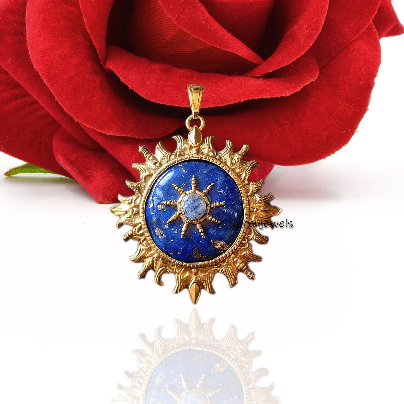 Handmade Lapis Lazuli Star Disc Pendant: Gemstone Designer Pendant - View 4 - Suren Jewels | SKU: SJP4190-SLYGLPZ-25M