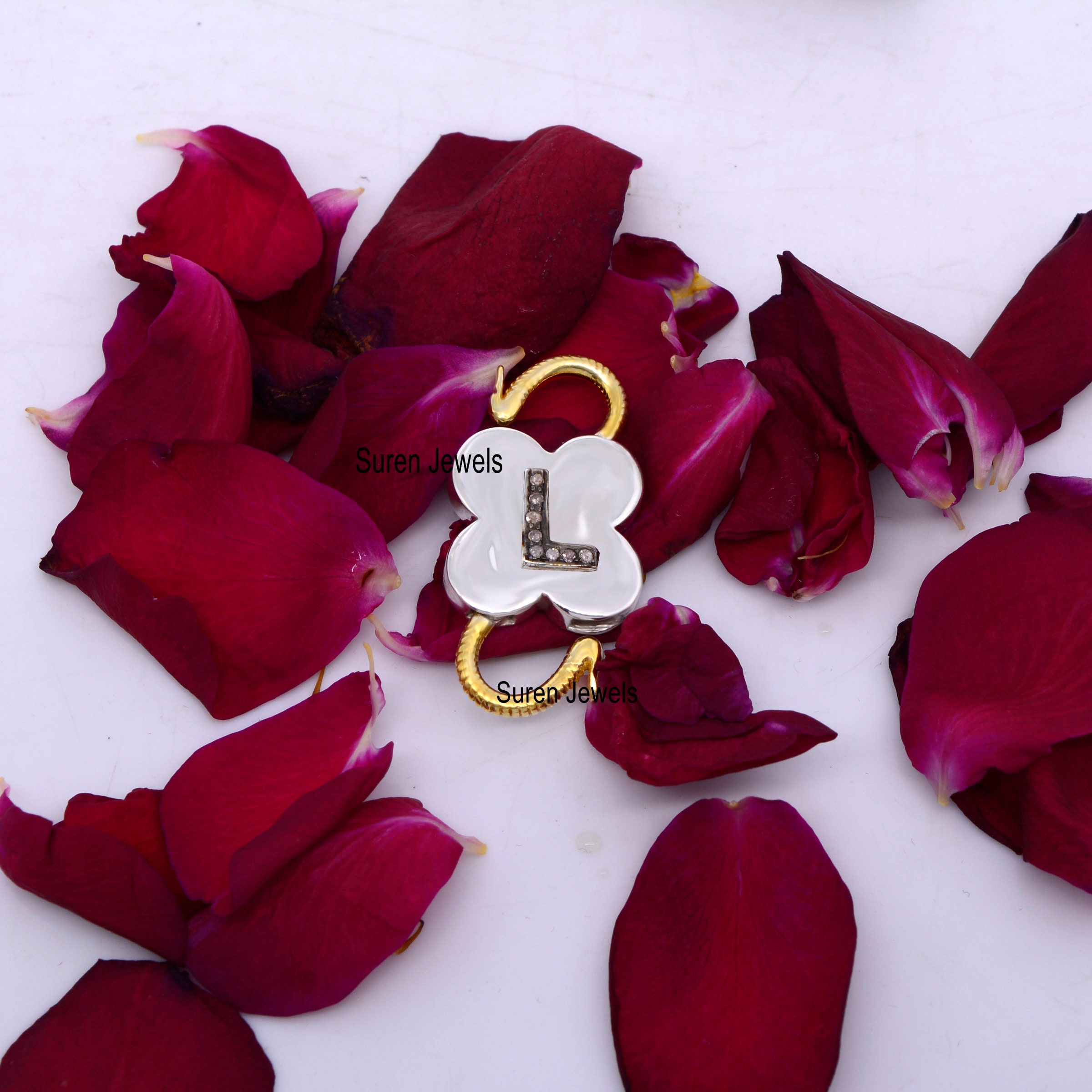 Two-Tone Diamond Initial 925 Silver Padlock Pendant - View 5 - Suren Jewels | SKU: SJP25-SLNSYGRHDI-L